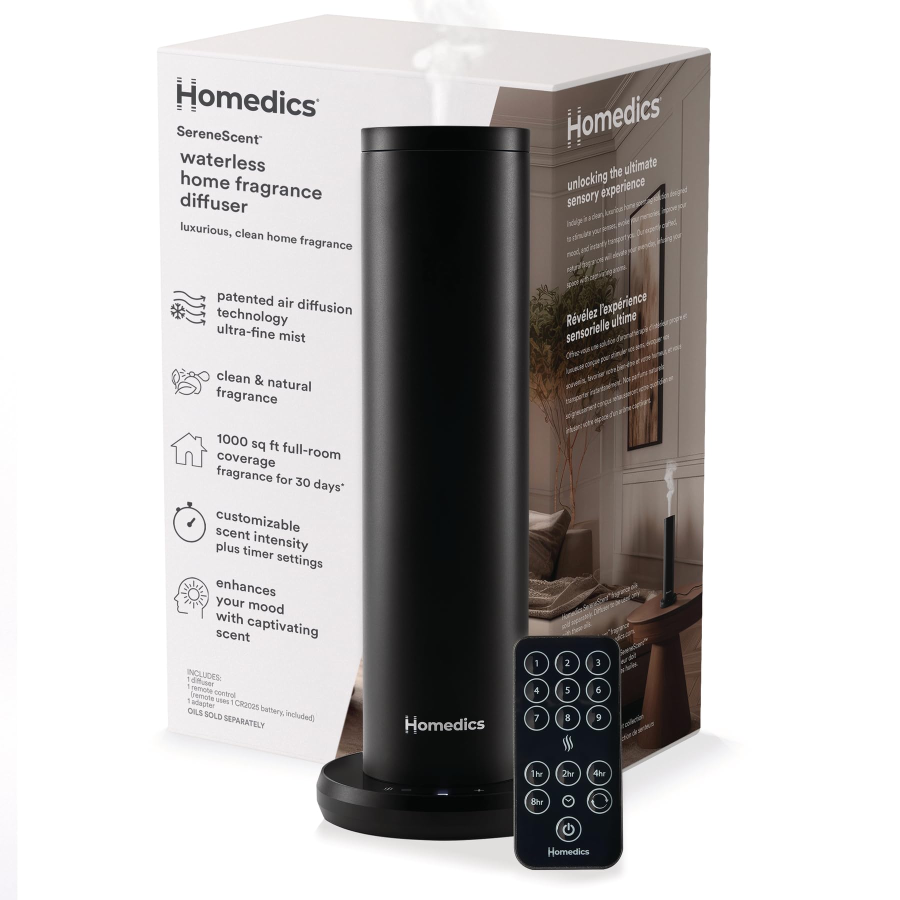 Homedics SereneScent Waterless Essential Oil Diffuser for Home - Patented Air Diffusion Technology, Large Room Aromatherapy, Mood Booster - Perfect for Bedroom, Office & Spa Relaxation