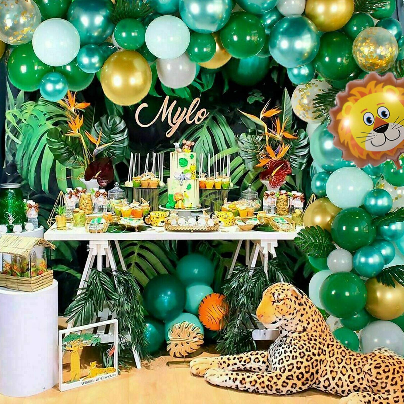 Jungle Safari Party Decorations 68 Pack - Green & Gold Balloons with Palm Leaves for Kids Birthday, Baby Shower & Tropical Theme Parties | Perfect for Jungle-Themed Celebrations, Birthday Decor & Safari Adventure Events