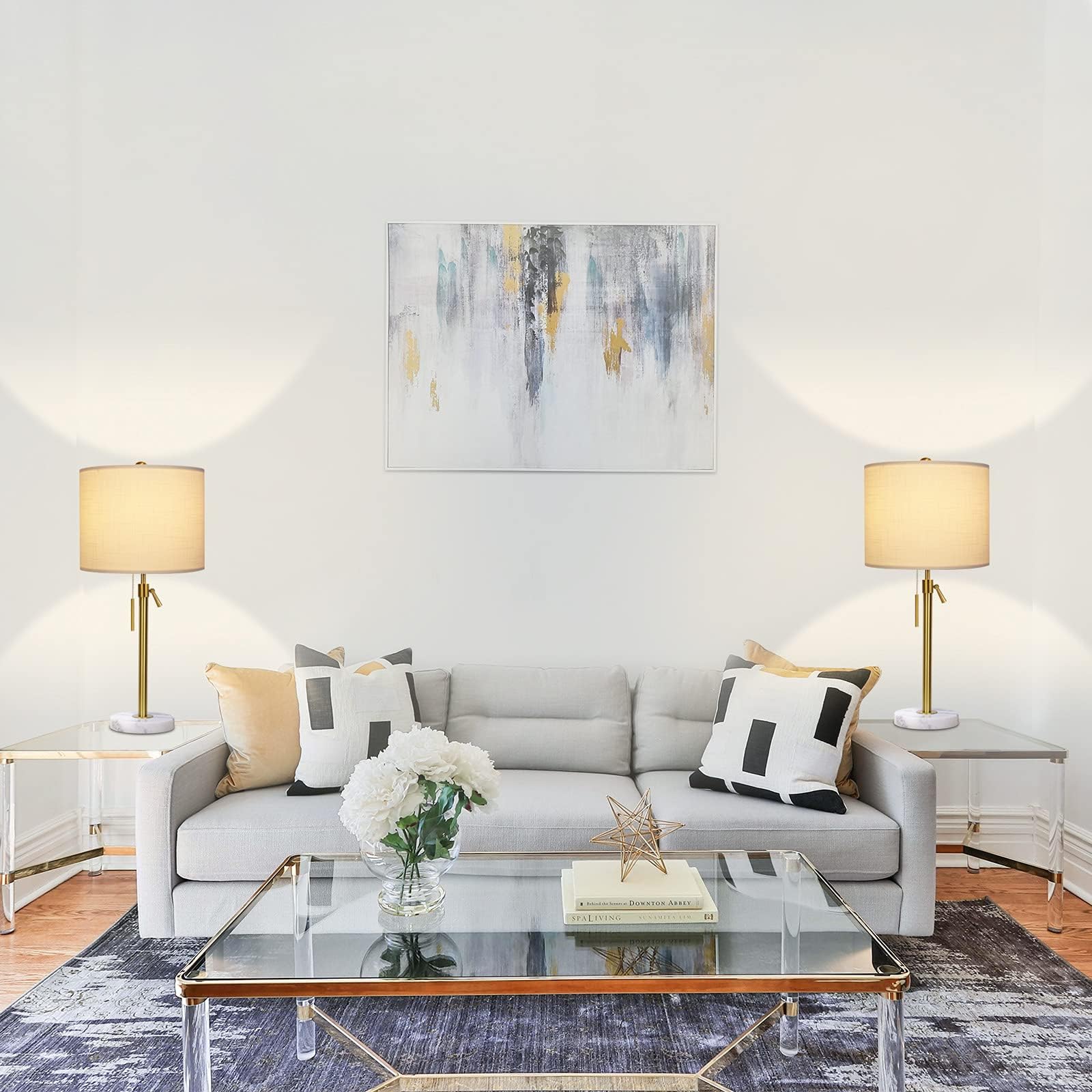 Modern 3-Piece Table & Floor Lamp Set - Adjustable Gold Lamps with Fabric Shades & Marble Base | Dimmable Pull Chain Bedside & Standing Lamps (Includes 3 LED Bulbs) - Perfect for Living Room, Bedroom & Office Lighting Decor