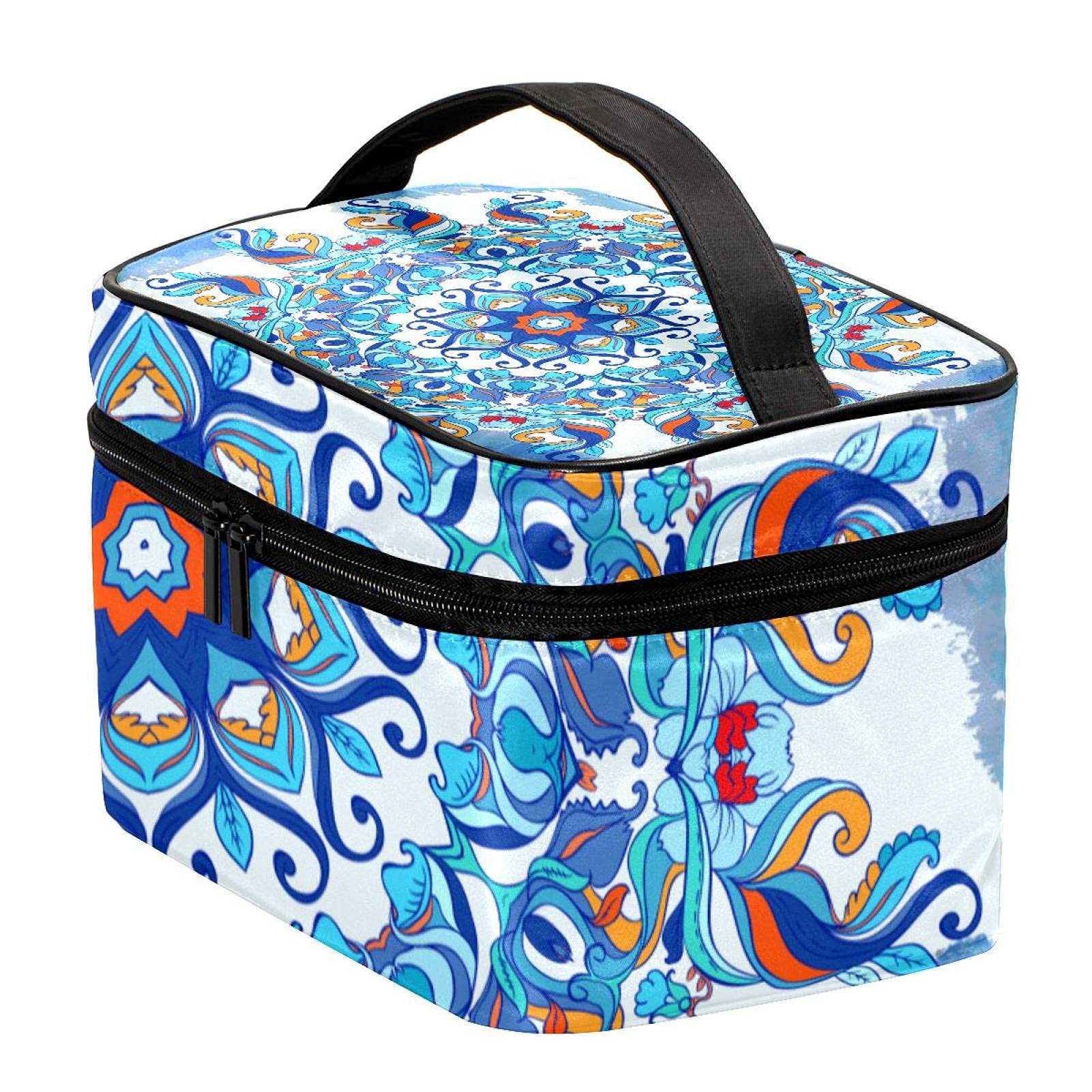 Trippy Mandala Blue Floral Travel Makeup Bag - Large Cosmetic Organizer with Zipper for Women & Girls | Perfect for Vacation, Gym, Beach & Daily Essentials Storage
