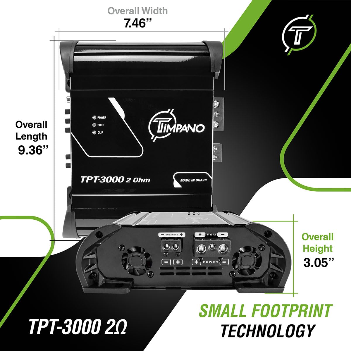 Timpano TPT-3000 3000W 2 Ohm Compact Mono Class D Amplifier for Car Audio Systems - Powering Speakers, Subwoofers & Tweeters - Perfect for Car Audio Upgrades, Bass Boost & Clear Sound Enhancement