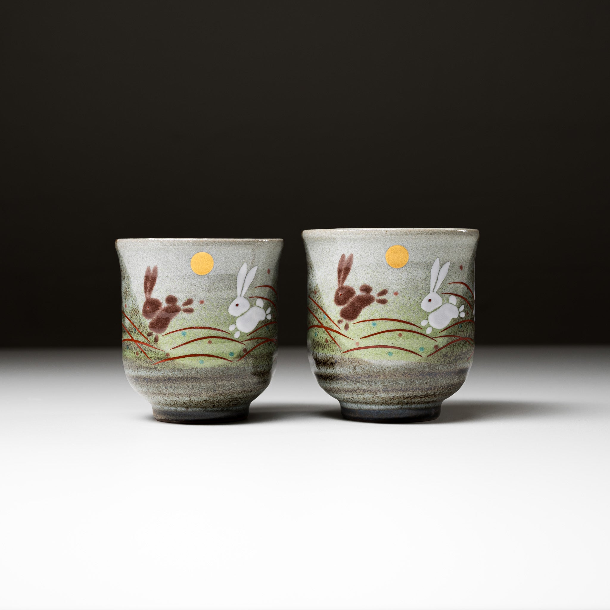 Kutani Ware Japanese Tea Cup Pair - Hand-Painted Jumping Rabbit Design | Traditional Japanese Ceramic Tea Cups for Matcha, Sencha & Daily Use