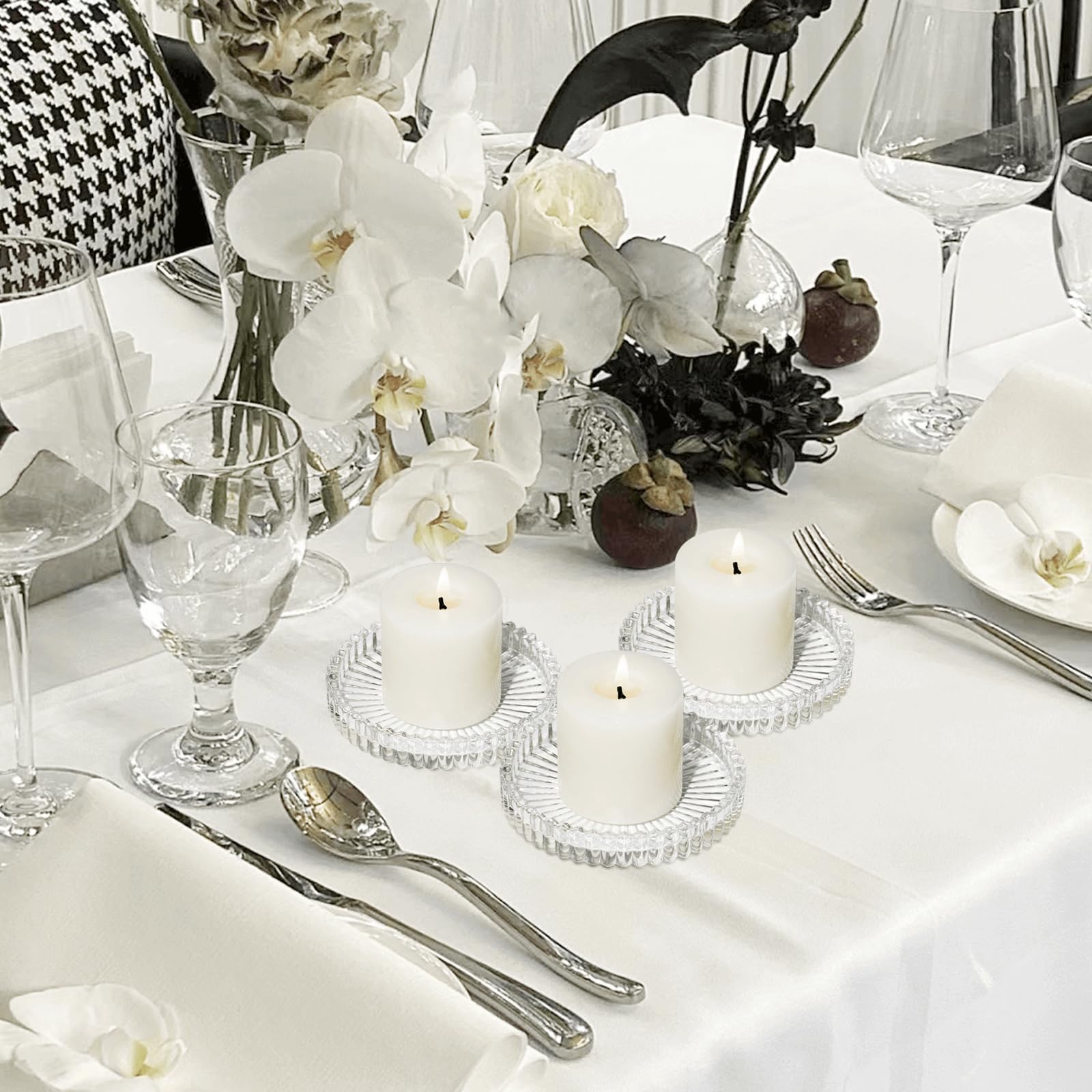 Clear Glass Pillar Candle Holders - Set of 6 (4 Inch) for Wedding Centerpieces, Party Decor, Holiday Table Settings & Home Decoration - Elegant Candle Plates for Romantic Dinners, Christmas Decorations & Special Events