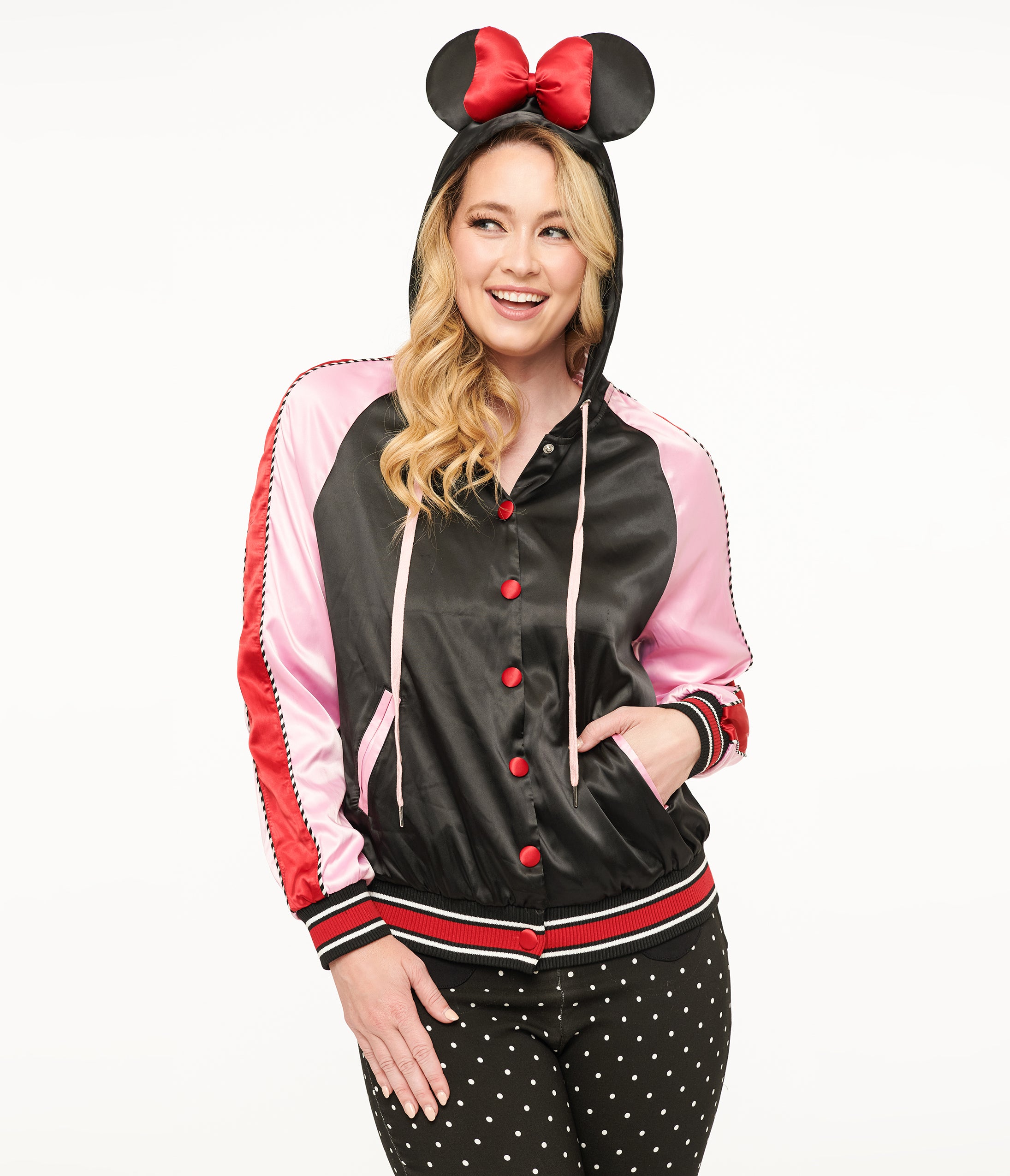Disney Mickey & Friends Minnie Mouse Hooded Satin Bomber Jacket for Women - Vintage Inspired Fashion Outerwear for Cosplay, Disney Trips & Casual Wear