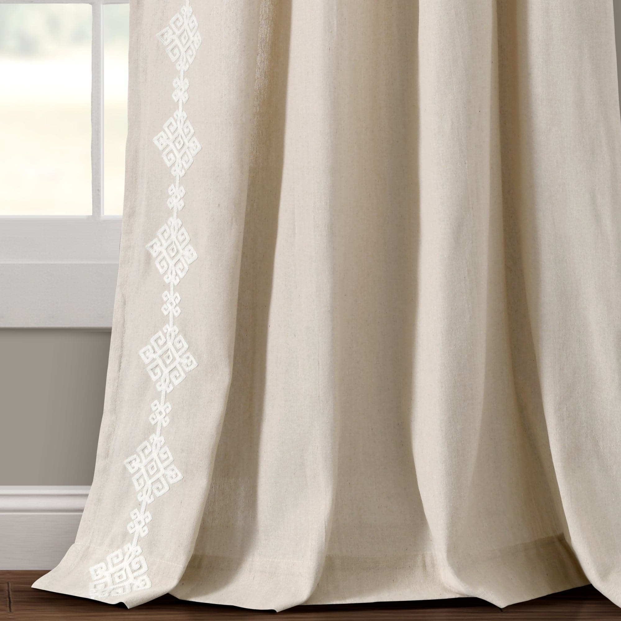 Luxury Modern Geo Linen-Like Embroidery Border Window Curtain Panel - Elegant Home Decor for Living Room, Bedroom & Dining Room