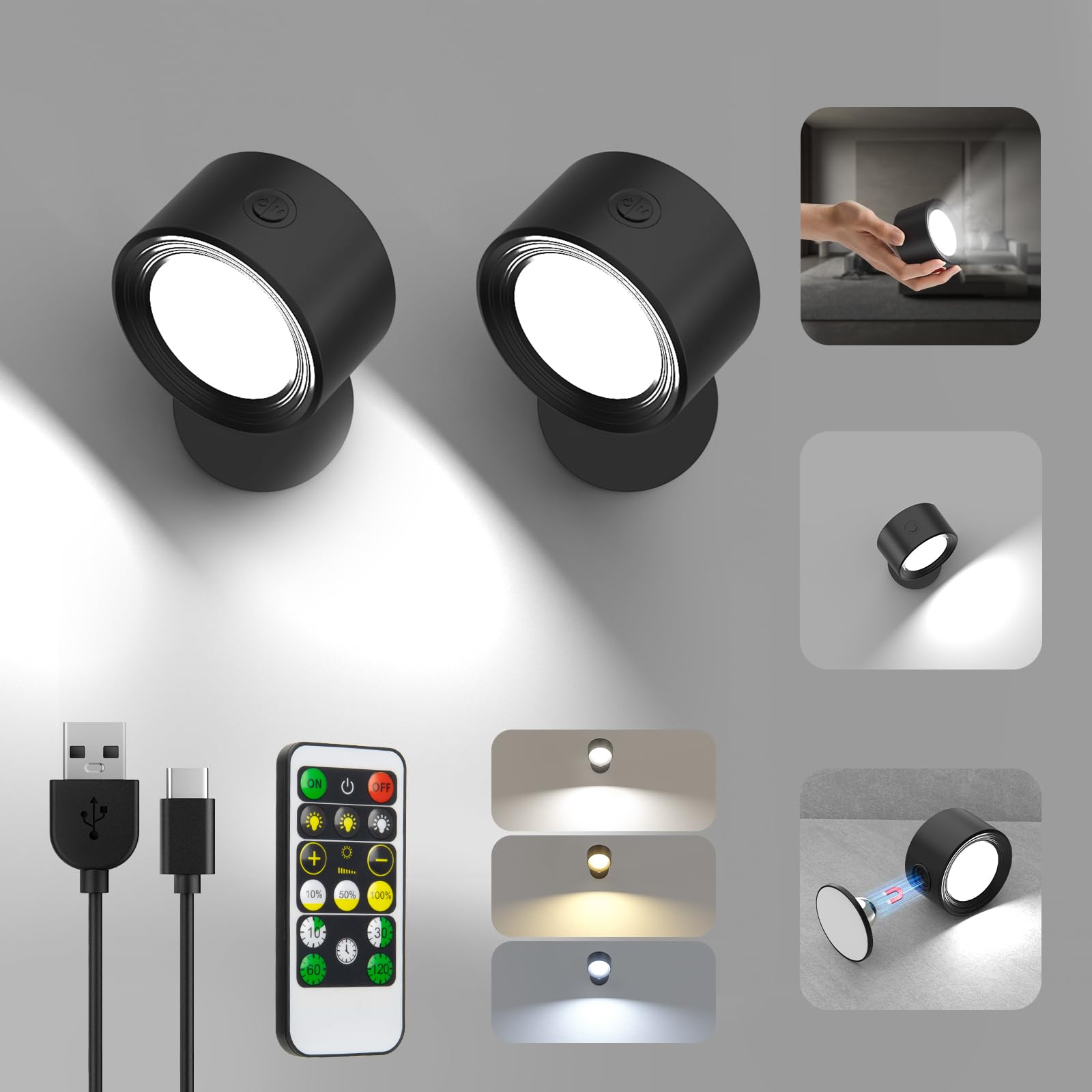 2 Pack LED Wall Sconces with Remote Control - Rechargeable Battery Operated Wall Lights, 3 Color Temperatures & Dimmable, 360° Magnetic Rotation for Bedroom, Hallway, Staircase Lighting