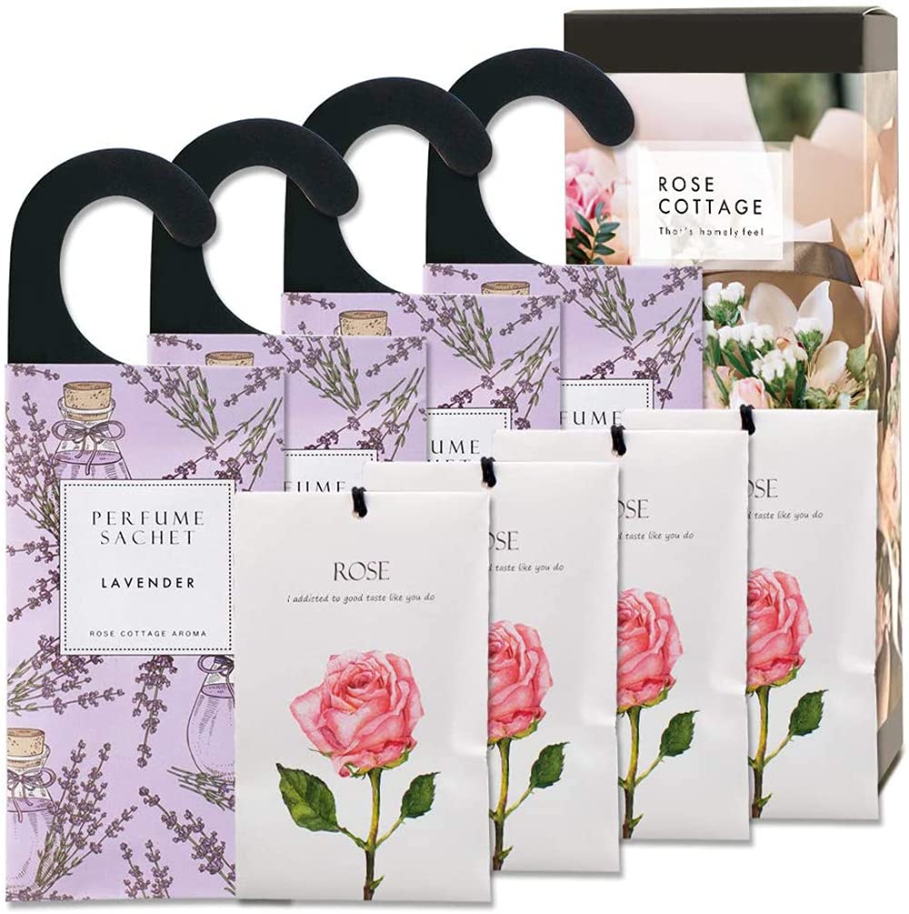 Rose Cottage Scented Sachets - 8 Pack Drawer & Closet Freshener, Natural Home Fragrance for Dressers, Shoes, Wardrobes | Long-Lasting Aroma for Fresh Linens, Clothes Storage & Small Spaces