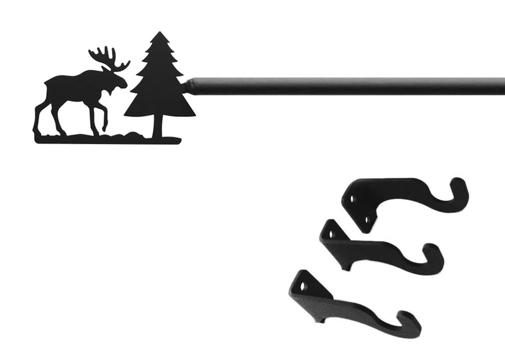 Village Wrought Iron Moose & Pine Curtain Rod - 60 Inch Adjustable Rustic Window Drapery Rod for Cabin, Lodge & Farmhouse Decor