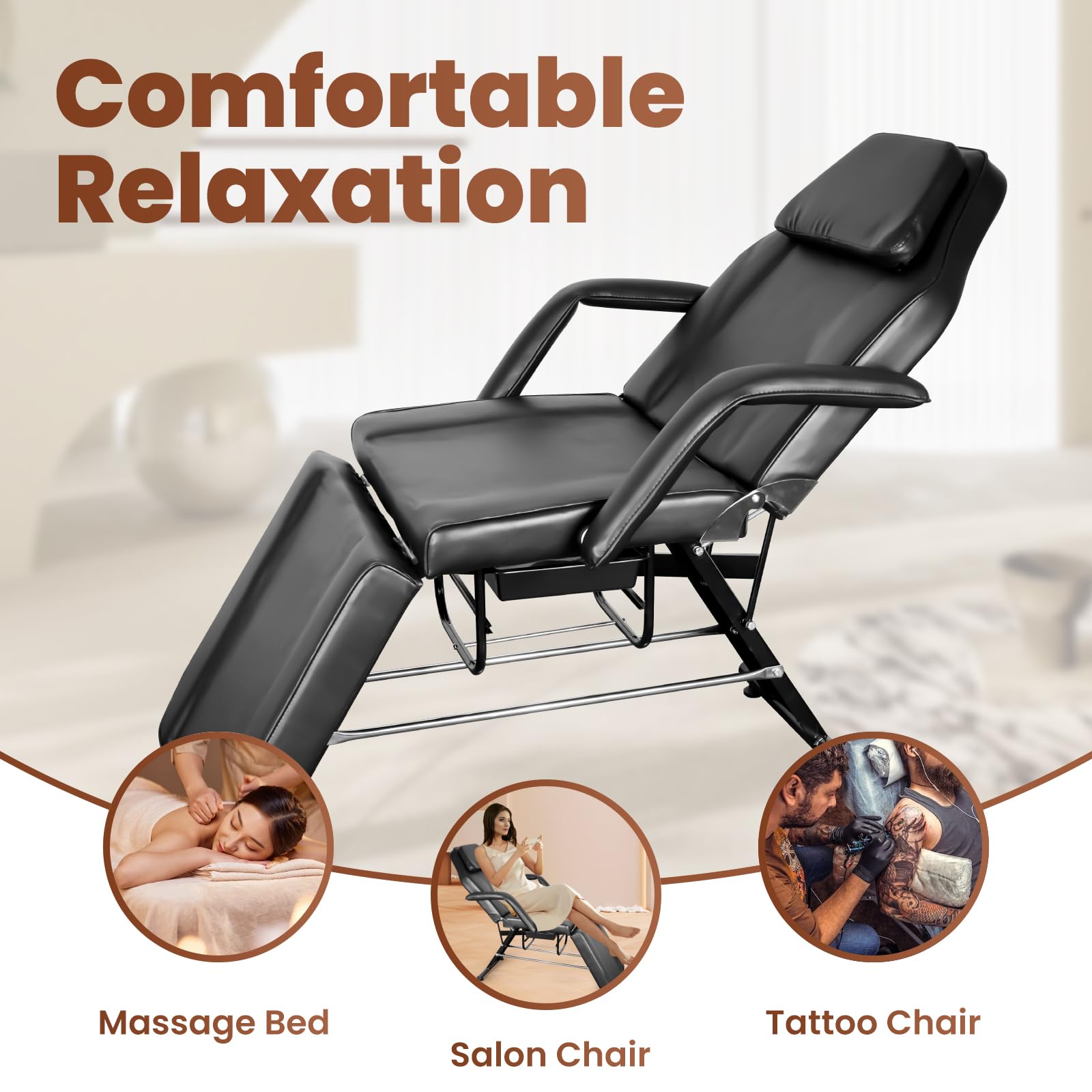 Vohala Adjustable Hydraulic Massage Bed & Tattoo Chair - Professional Folding Salon Spa Bed with Stool for Facial, Beauty Treatments & Tattoo Sessions - Perfect for Massage Therapists, Estheticians & Tattoo Artists (Black, 2-Pack)