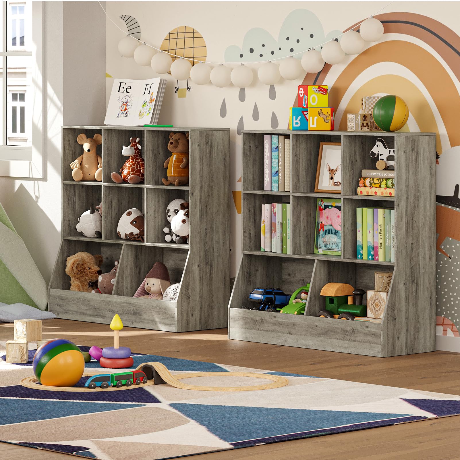 DINZI LVJ Wooden Toy Storage Organizer & Kids Bookshelf - 8-Cubby Bookcase for Toys & Books - Gray Wash 35.4