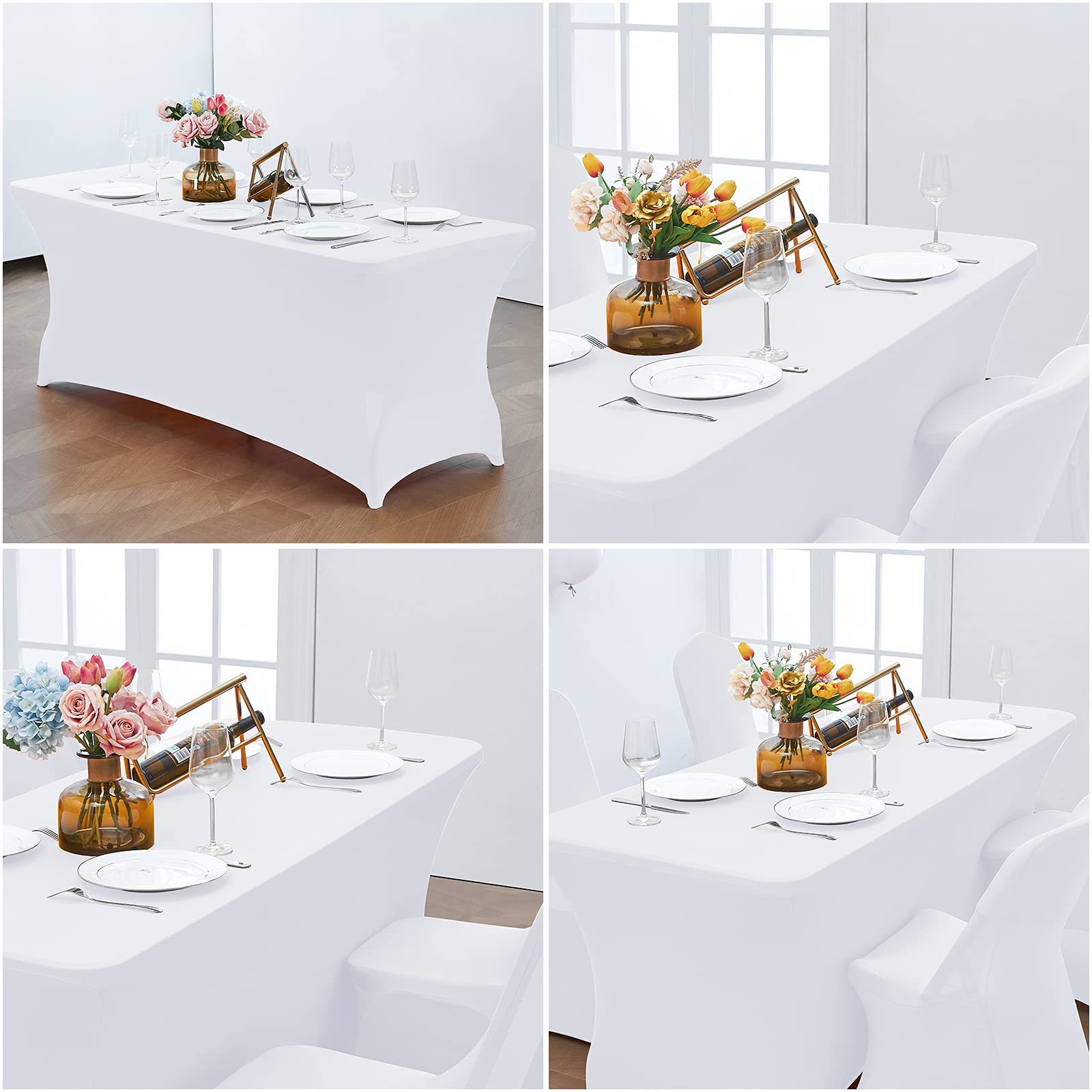 4FT Stretch Spandex Table Cover for Rectangular Tables - Elastic Fitted Tablecloth for Folding Tables, Wrinkle Resistant & Durable - Perfect for Parties, Weddings, Banquets, Events & Home Decor (White)