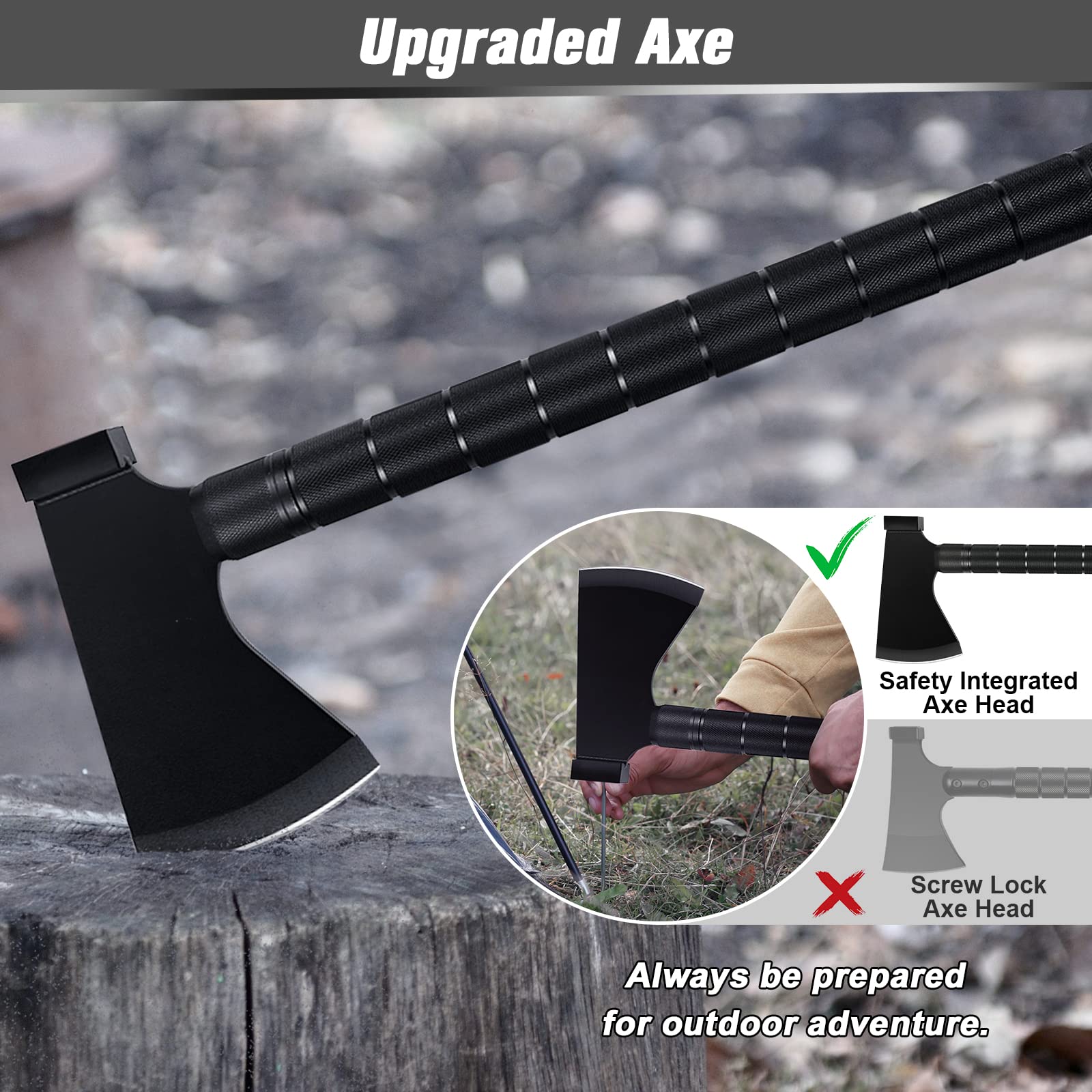 IUNIO 12-in-1 Survival Kit with Folding Shovel, Camping Axe, Multitool & Pickaxe - Heavy Duty Off-Road Tools for Outdoor Adventures, Hiking, Camping & Car Emergency (Upgrade Black) - Includes Durable Carrying Bag