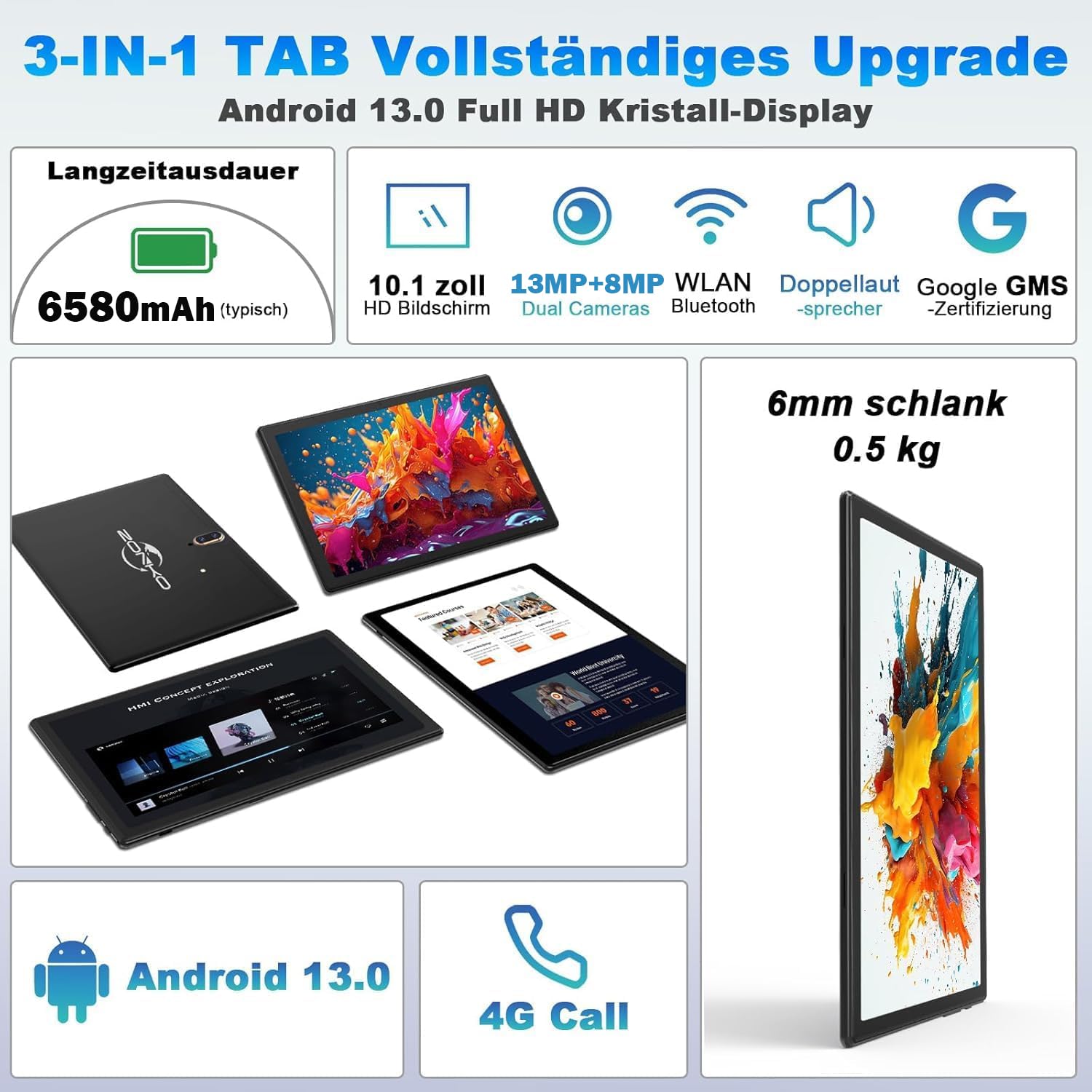 ZONKO 10 Inch 4G LTE Android 13 Tablet with Keyboard & Stylus - Octa-Core, 64GB ROM (Expandable to 512GB), 13MP Camera, 6000mAh Battery - WiFi, Black | Perfect for Work, Study, and Entertainment On-The-Go