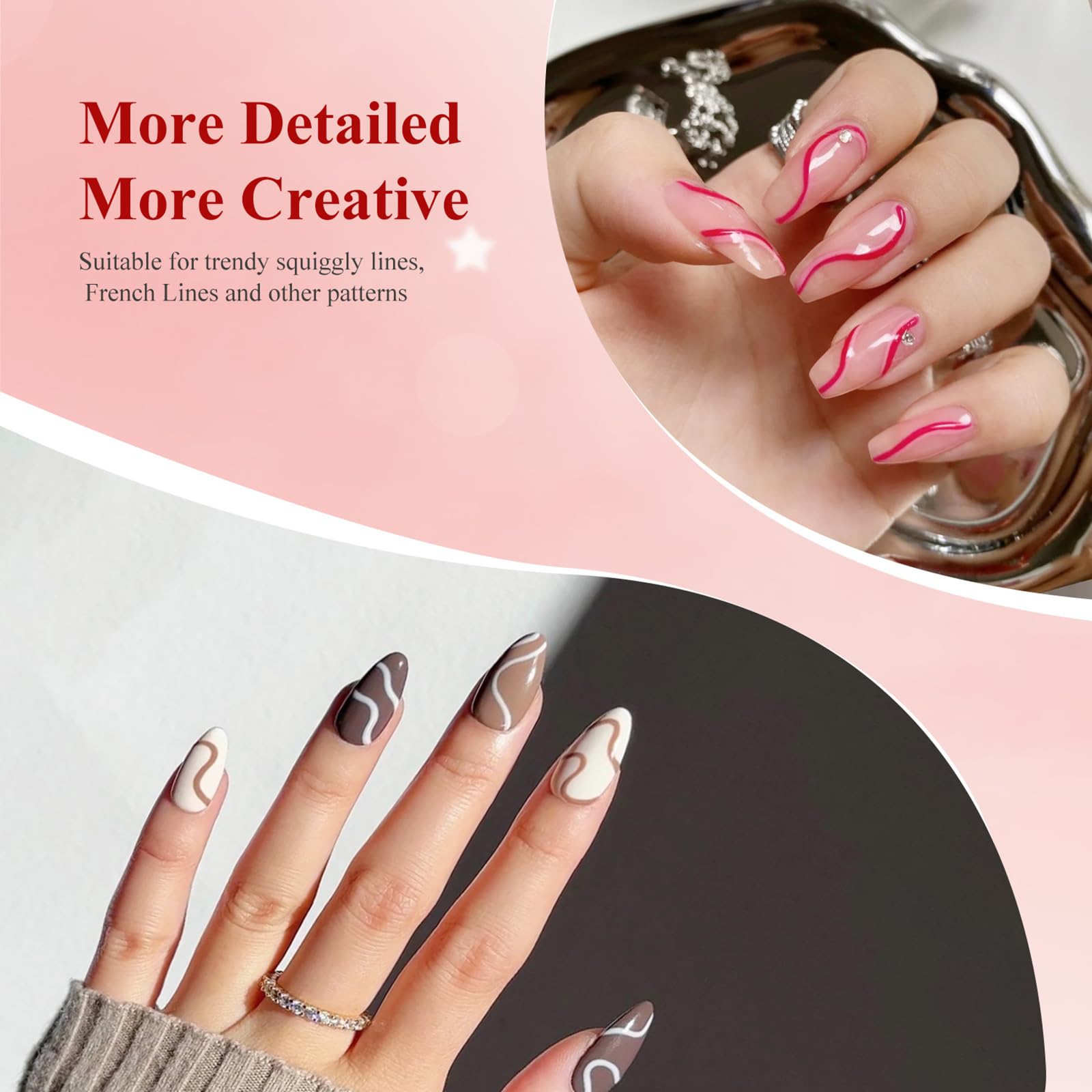 6-Piece Nail Art Liner Set - Black, White, Red, Gold & Silver Glitter Gel Polish with Thin Brush - Soak Off LED Lamp Gel Liner for Professional Manicures & Nail Designs - Perfect for Salon, Home Use & DIY Nail Art