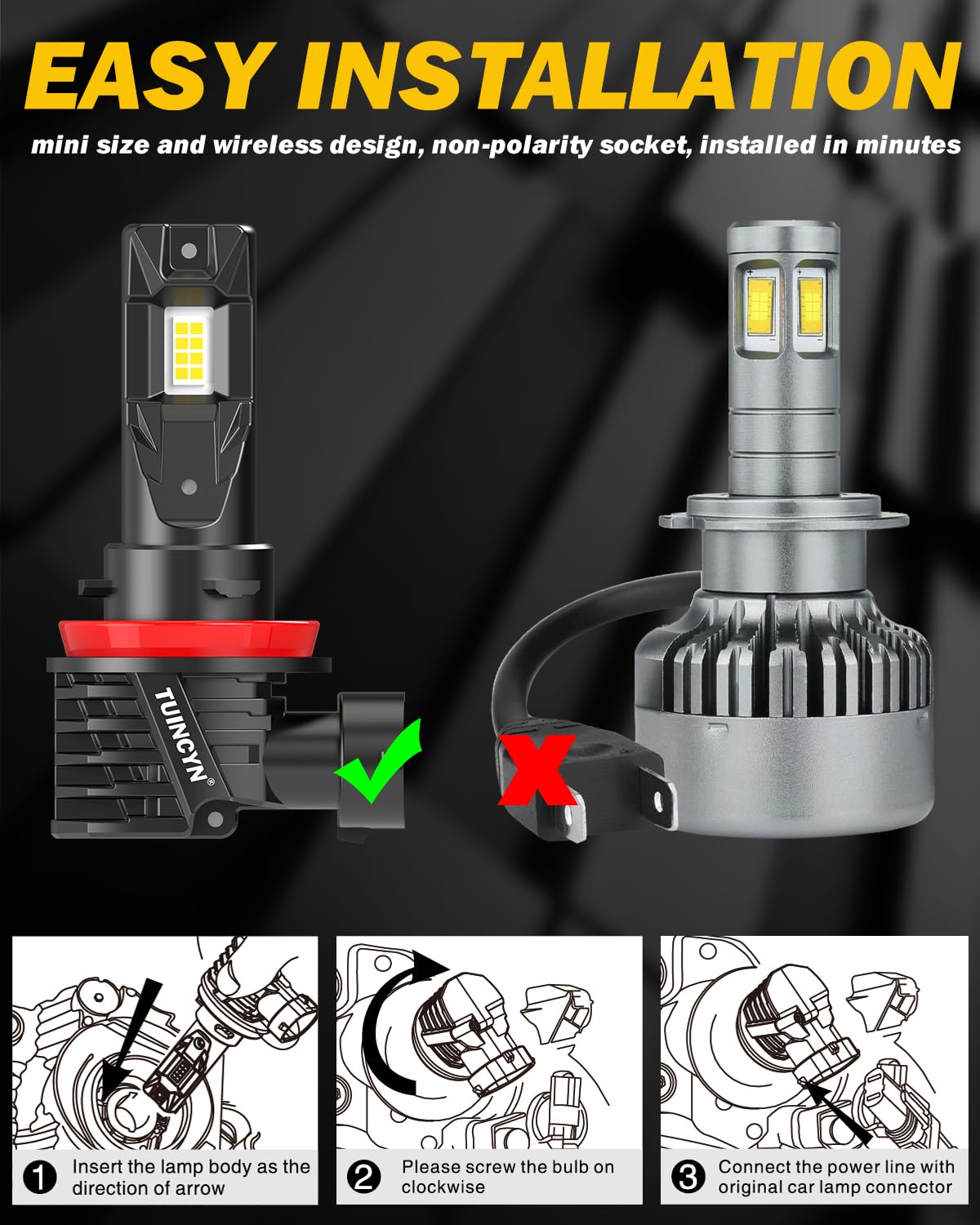 TUINCYN 2024 Upgraded H11/H8 LED Bulb - Super Bright 16000LM 80W 6000K White Fanless Fog Light Bulbs, 1:1 Mini Size, Plug and Play, No Adapter Required, Non-Polarity, Pack of 2 - Perfect for Trucks, SUVs, and Off-Road Vehicles in Foggy or Low Visibility Conditions