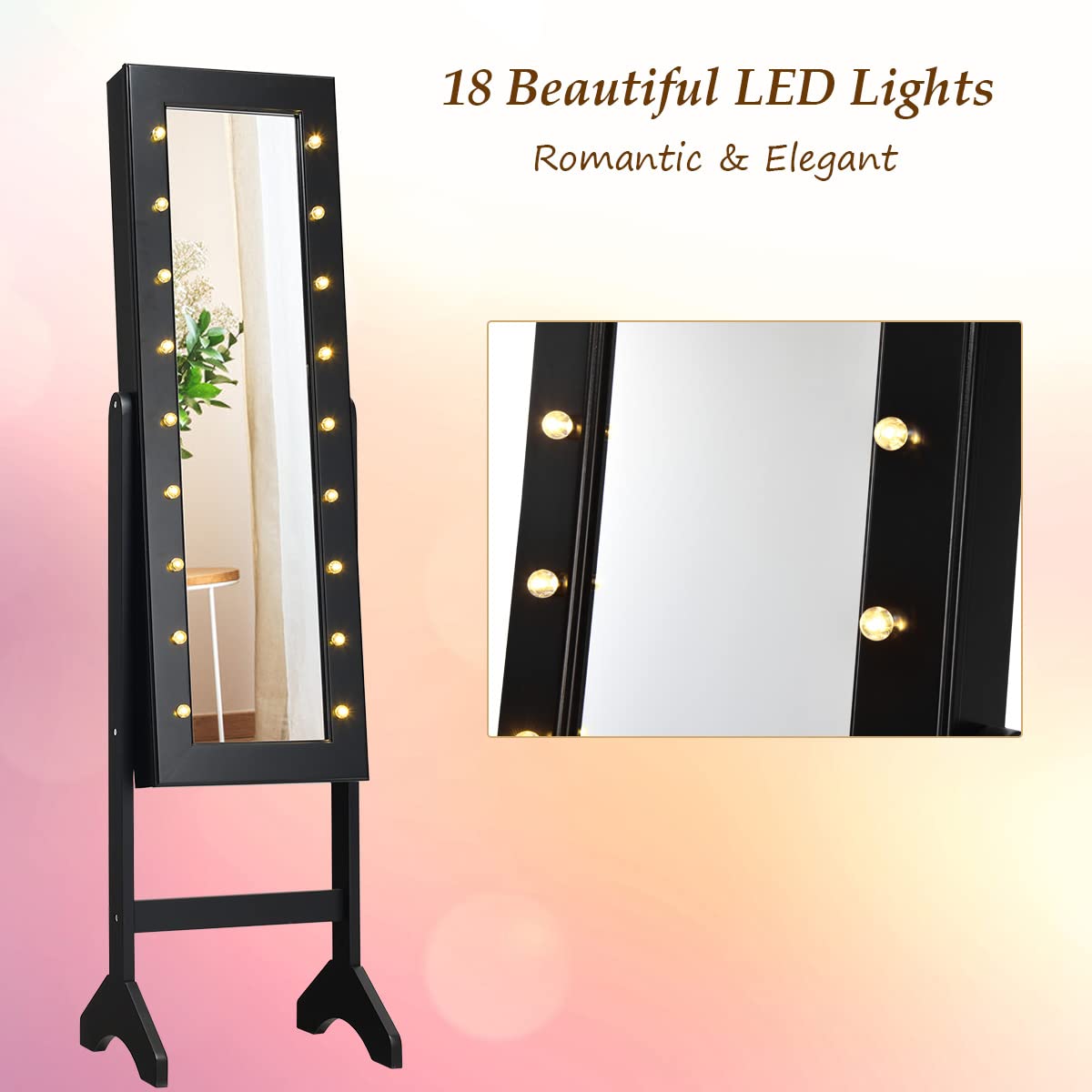 Giantex Standing Jewelry Armoire with 18 LED Lights - Large Mirrored Jewelry Cabinet with Full Length Mirror, 16 Lipstick Holders & Inside Makeup Mirror - Perfect for Bedroom, Closet & Dressing Room Organization (Black)