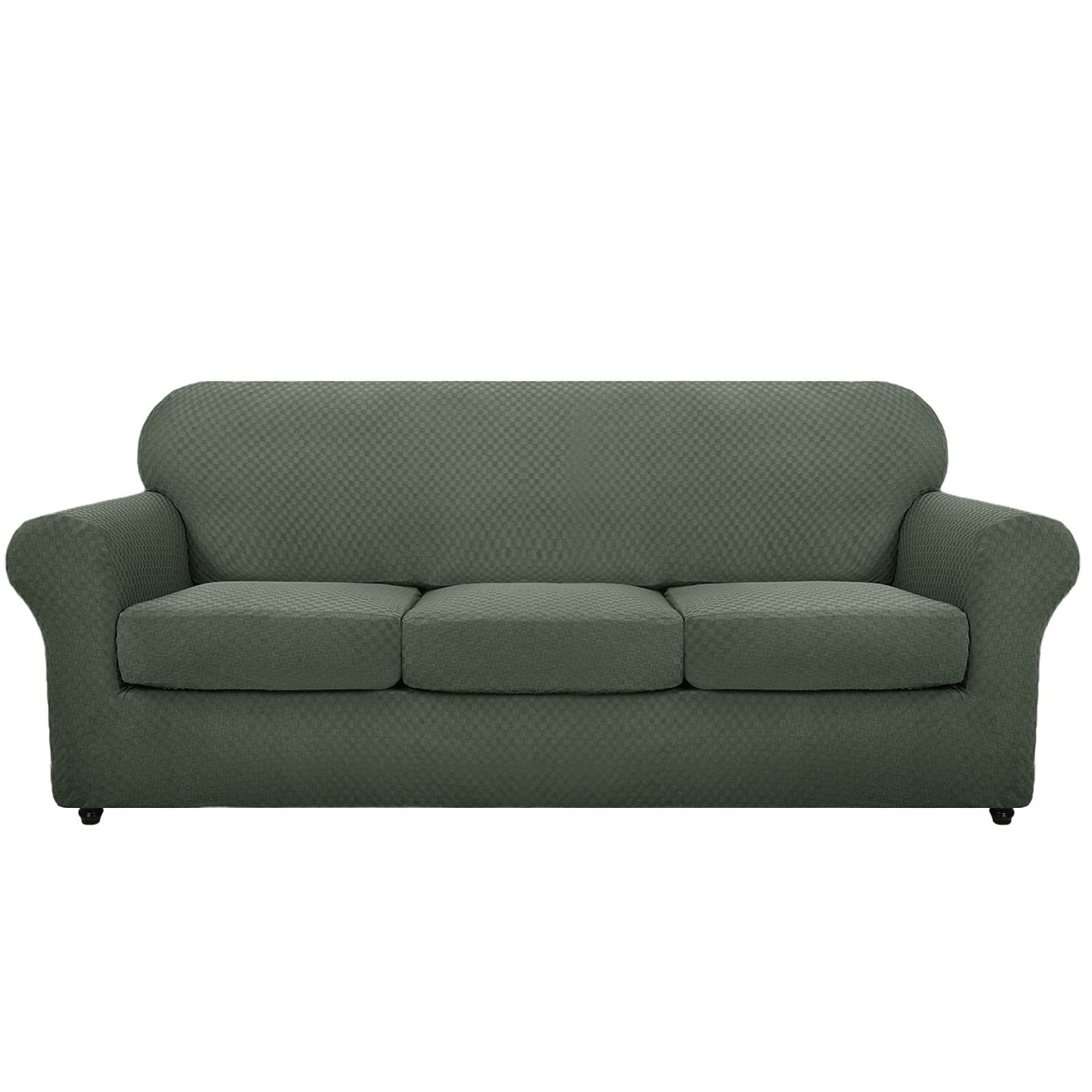Stretch Sofa Slipcover - Jacquard Furniture Protector, Thick Non-Slip Washable Sofa Cover for 3-Seater Couches - Large Green - Perfect for Living Rooms & Pet Owners