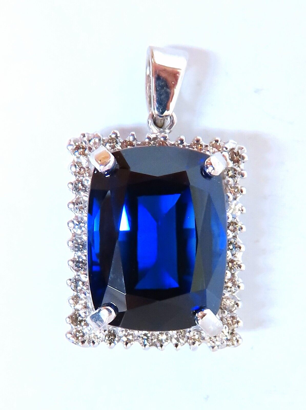 23.40ct Lab-Created Cushion Blue Sapphire & Diamond Pendant in 14K Gold | Elegant Jewelry for Weddings, Anniversaries & Special Occasions