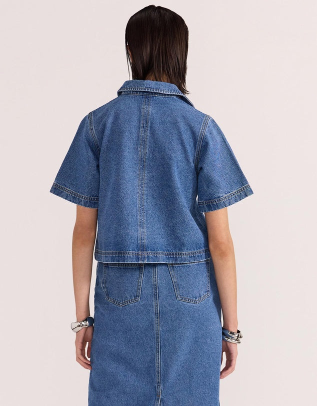 Alden Mid Blue Denim Crop Short Sleeve Shirt for Women - Casual Summer Tops for Outings, Beach & Street Style Fashion