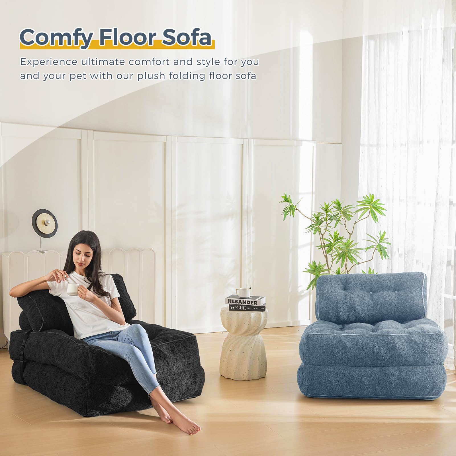 MAXYOYO Fuzzy Sofa Bed - Convertible Sleeper Chair with Pillow in Dusty Blue | Comfortable Foldable Couch for Small Spaces, Guest Room & Apartment Living