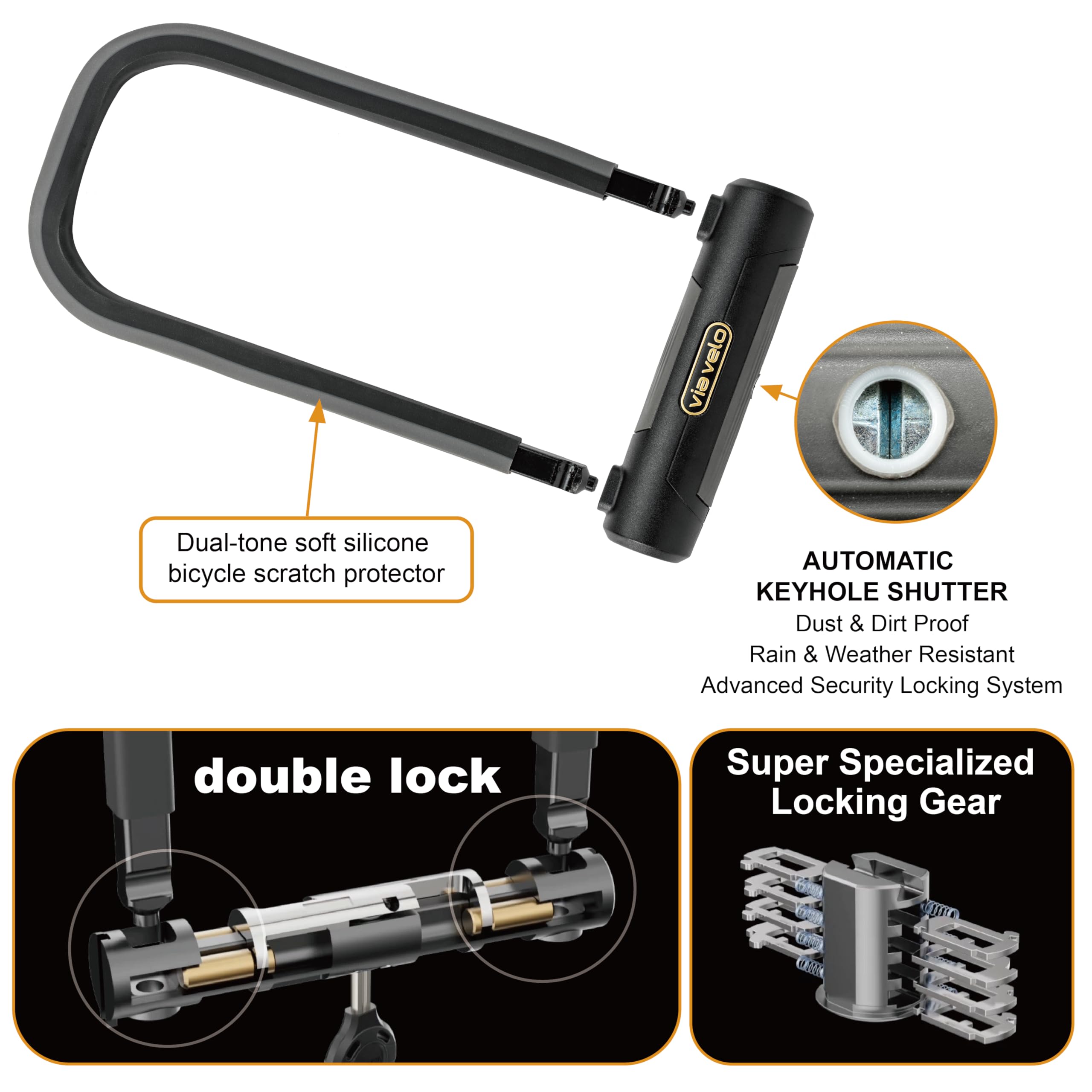 Via Velo Elite U Lock - 20CrMnTi Heavy Duty Steel Bicycle Lock with 17mm Shackle (9.25