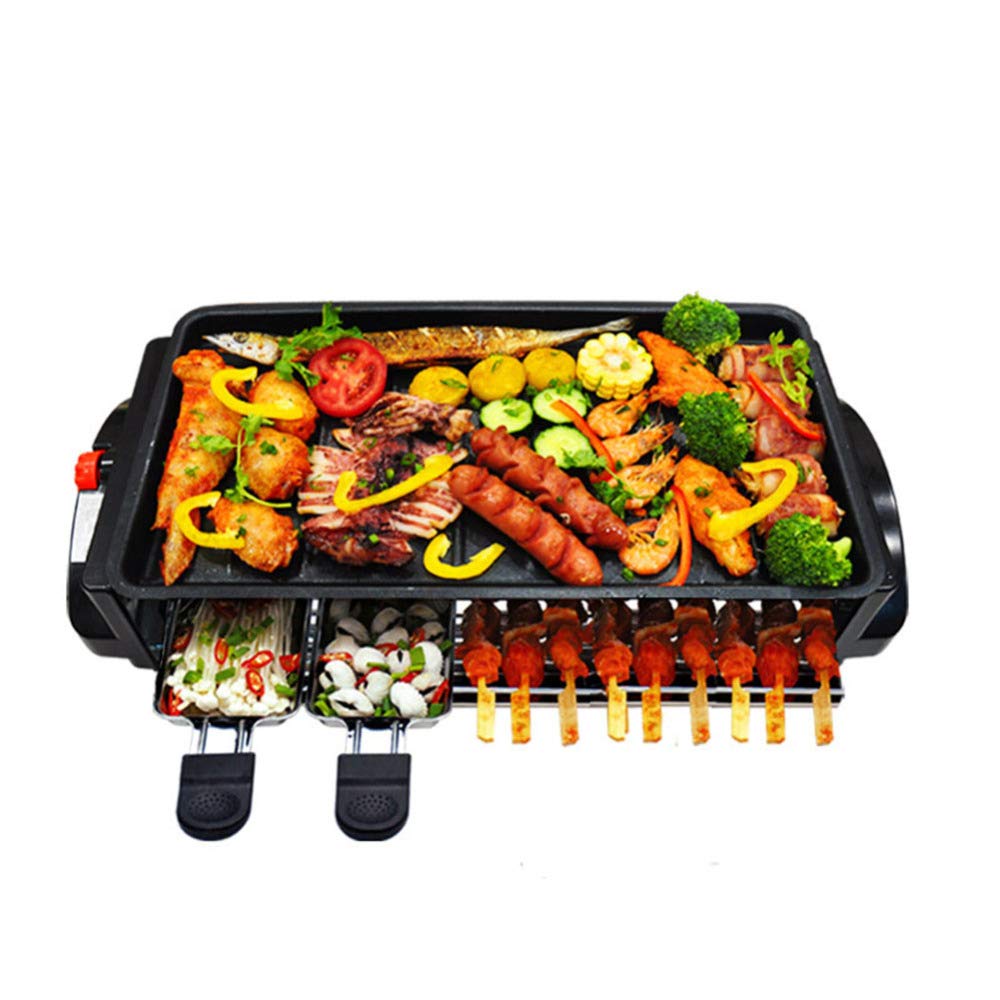 Smokeless Electric Barbecue Grill for 4 People - 1200W Rectangular Indoor Grill with 3 Non-Stick Mini Pans, Adjustable Temperature - Perfect for Family BBQ, Camping & Small Gatherings - Black