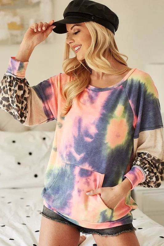 BiBi Tie Dye French Terry Sweatshirt with Contrast Stitching | Women's Casual Pullover Hoodie | Perfect for Yoga, Lounge & Streetwear Fashion