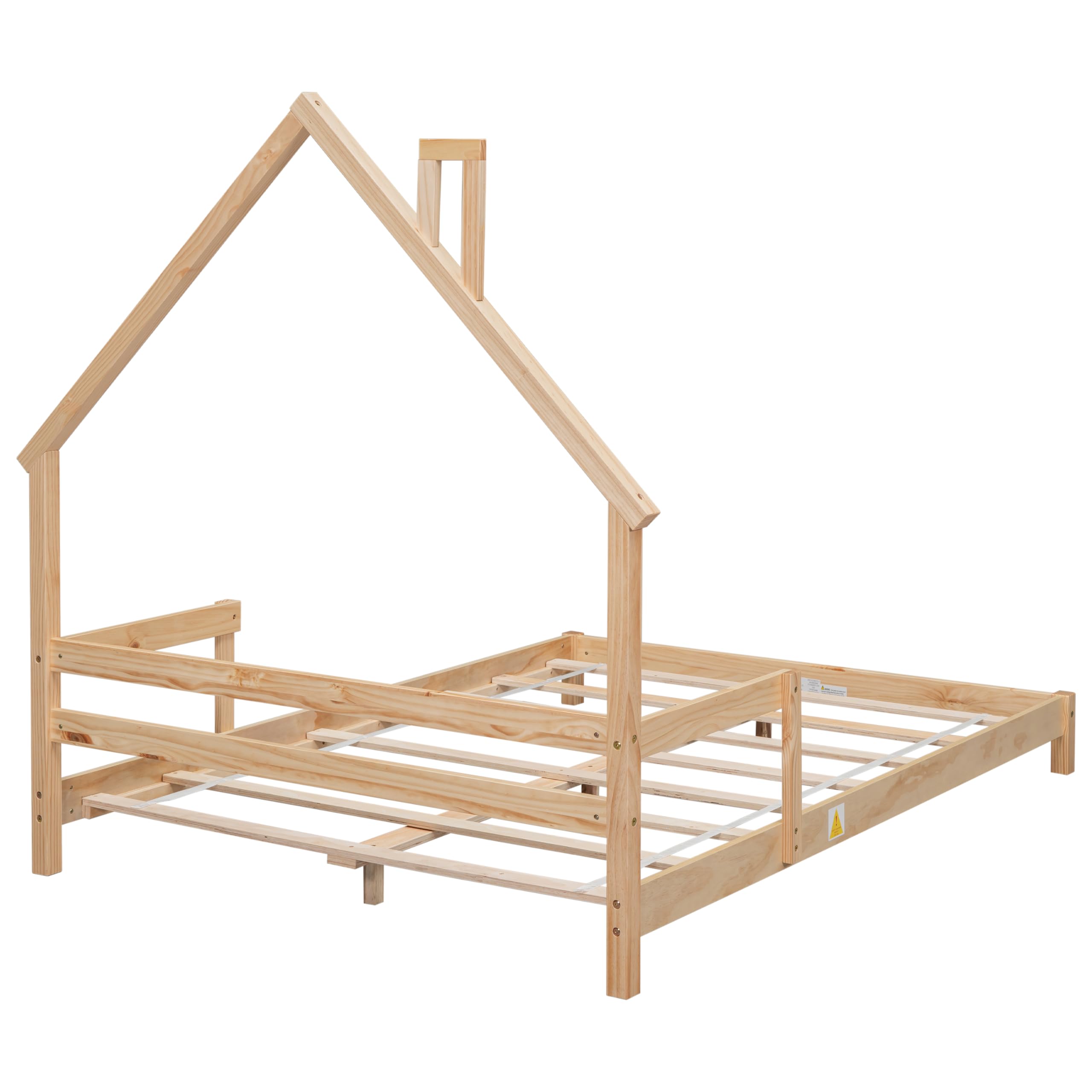 Full Size House-Shaped Kids Bed Frame with Handrails - Low Platform Bed for Boys & Girls, No Box Spring Needed (Natural) - Perfect for Bedrooms, Playrooms & Sleepovers
