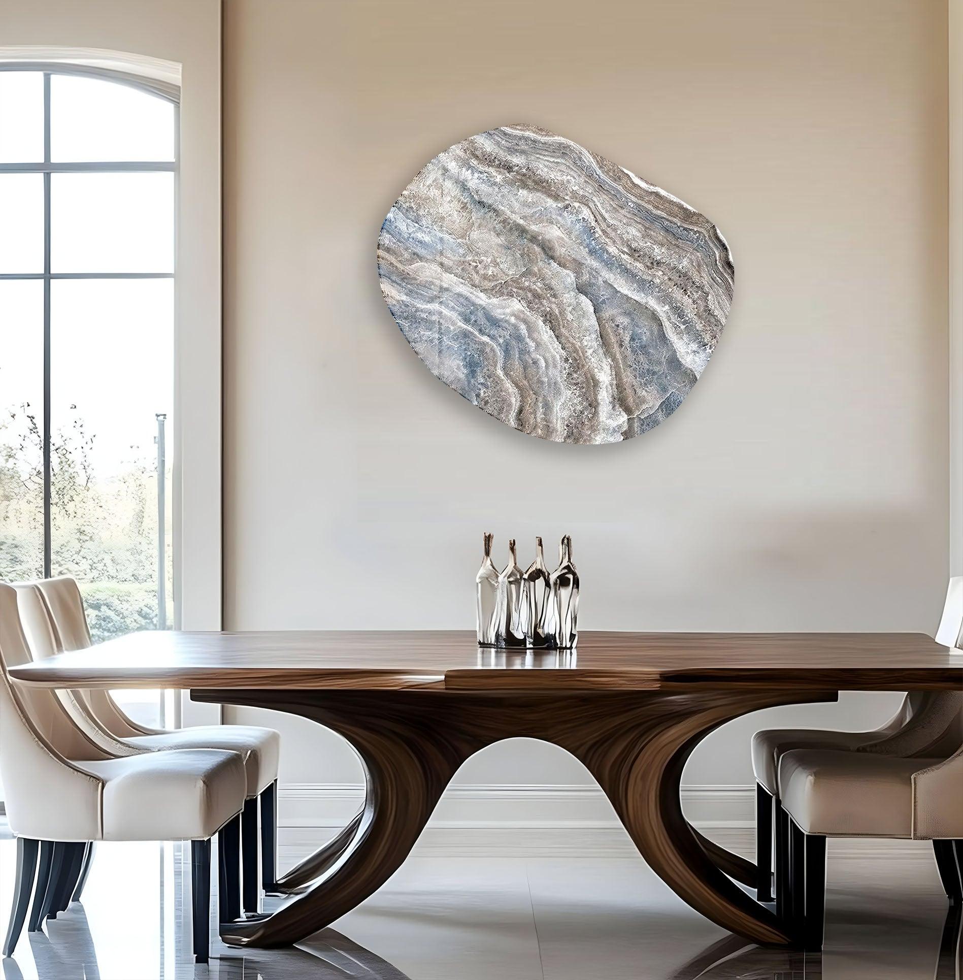 Blue & Beige Marble Oval Glass Wall Art - Modern Home Decor for Living Room, Bedroom, Office - Elegant Handmade Glass Wall Hanging for Interior Design
