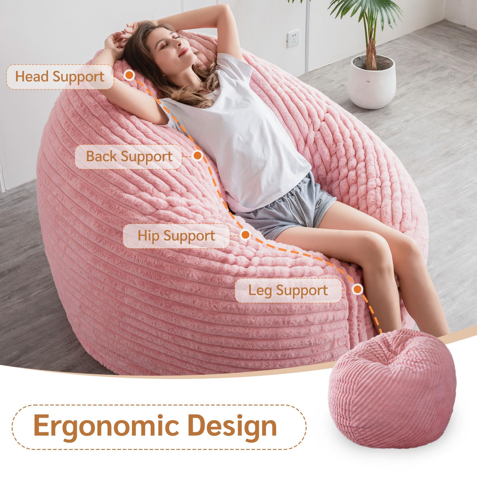 MAXYOYO Giant Round Bean Bag Chair for Adults - Soft Striped Faux Fur Oversized Lounger in Pink | Perfect for Living Room, Bedroom, Game Room & Dorm Relaxation