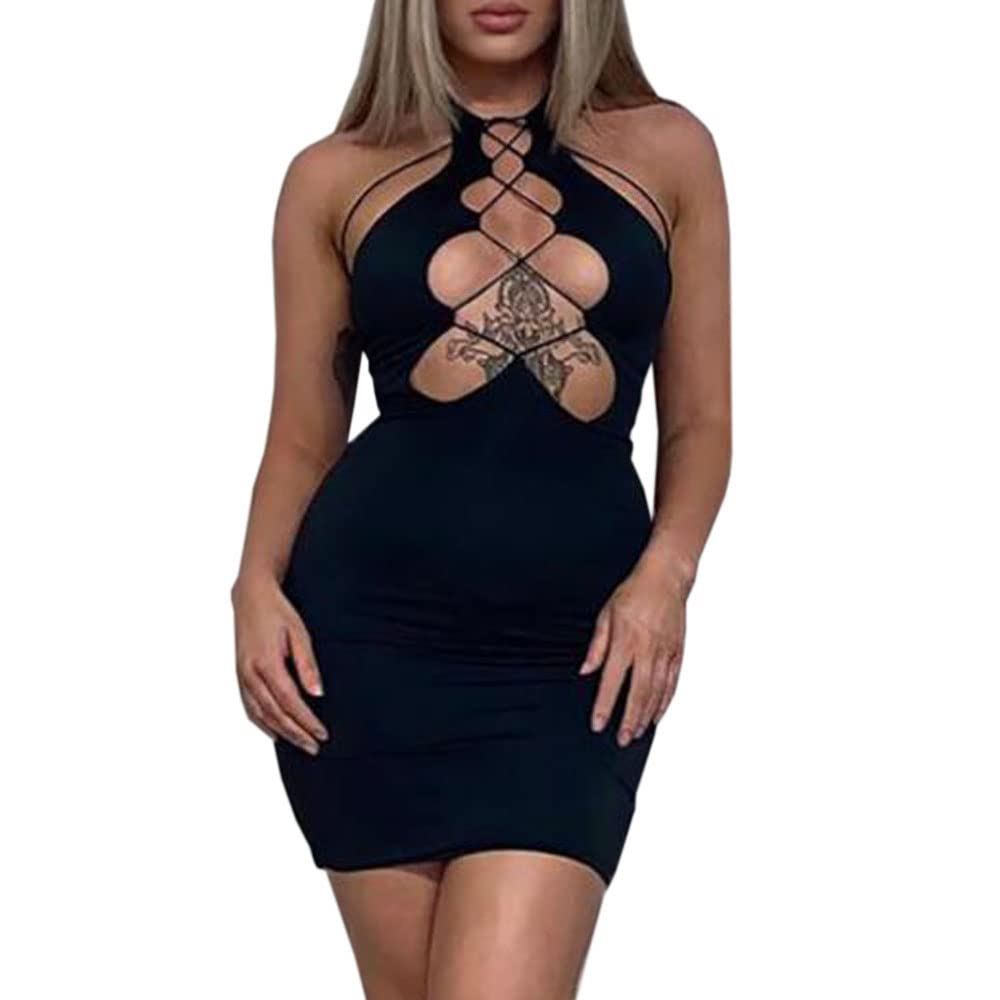 Sexy Hollow Out Mini Dress for Women - Cutout Halter Tie Up Bodycon Dress with Mesh Sheer Detail | Y2K Clubwear & Party Outfit for Nightclub, Date Night, and Summer Vacation