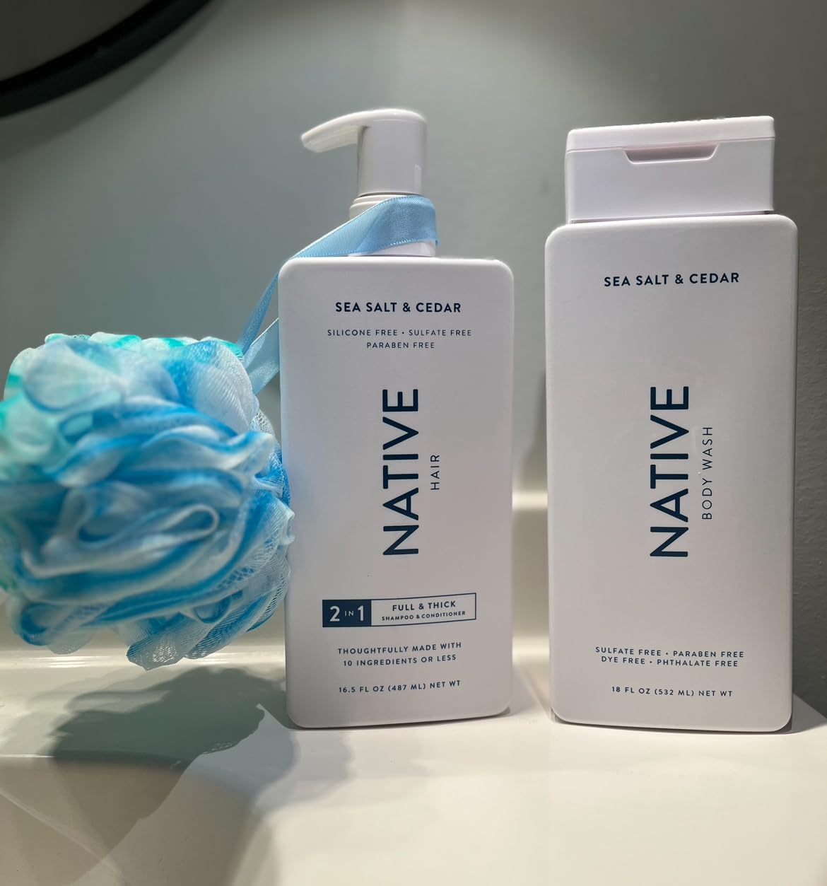 Premium Native Sea Salt & Cedar 2-in-1 Shampoo Conditioner (16.5oz) + Body Wash (18oz) + Loofah Sponge Bath Bundle | Natural Hair & Skin Care Set for Men & Women | Perfect for Spa Day, Relaxation & Gift Giving