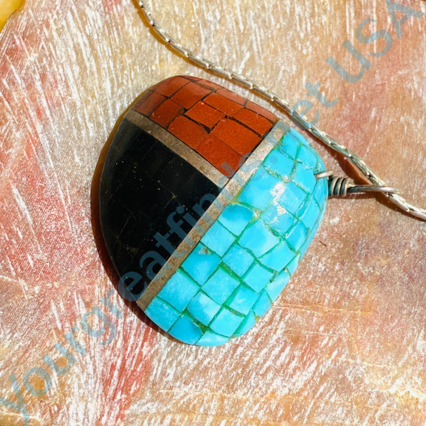 Vintage Native American Turquoise Mosaic Sterling Silver Necklace - Handcrafted Southwest Jewelry for Women, Perfect for Boho Fashion & Special Occasions