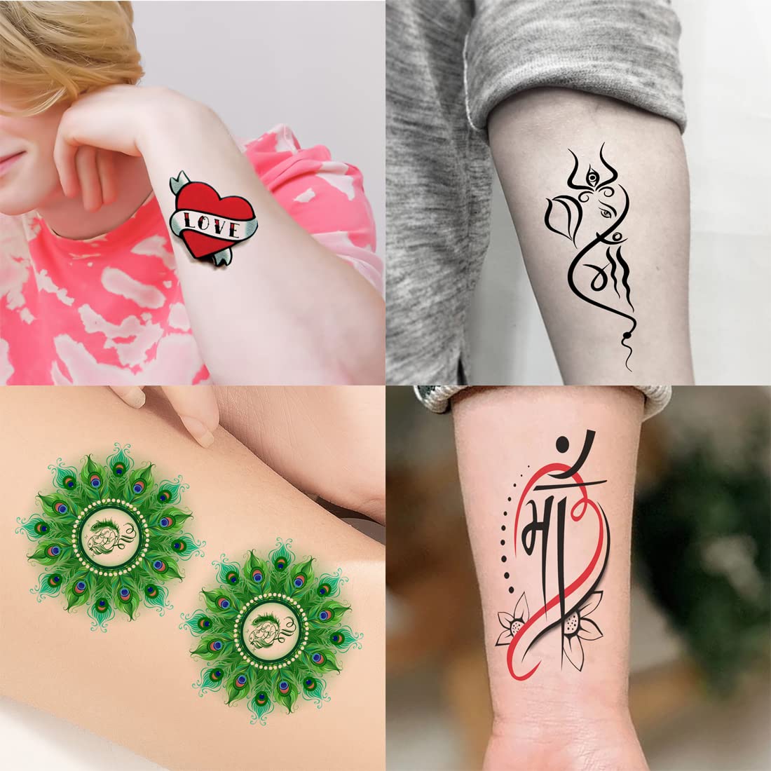Pack of 4 Temporary Tattoo Stickers - Love Mom Dad Trishul Designs for Men & Women (2x4 Inch) | Waterproof Fake Body Art for Parties, Festivals & Spiritual Events