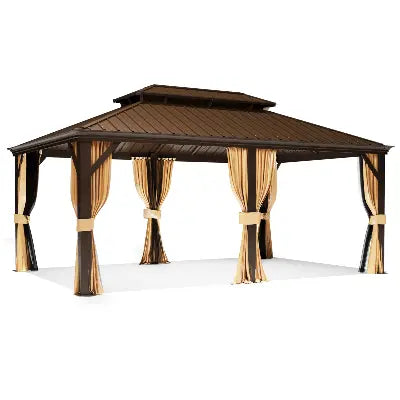 12' x 18' EROMMY Hardtop Gazebo with Double Roof - Galvanized Steel & Aluminum Frame - Permanent Brown Outdoor Pavilion for Patio, Garden, and Backyard Parties
