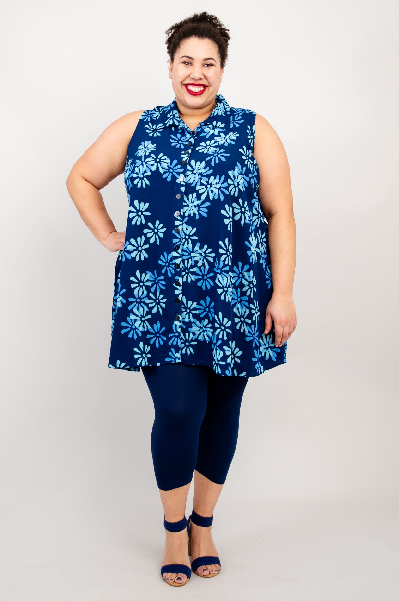 Cissy Tank Top for Women - Daisy Cobalt Blue Floral Print Summer Casual Shirt | Perfect for Beach Outings, Yoga, and Everyday Wear