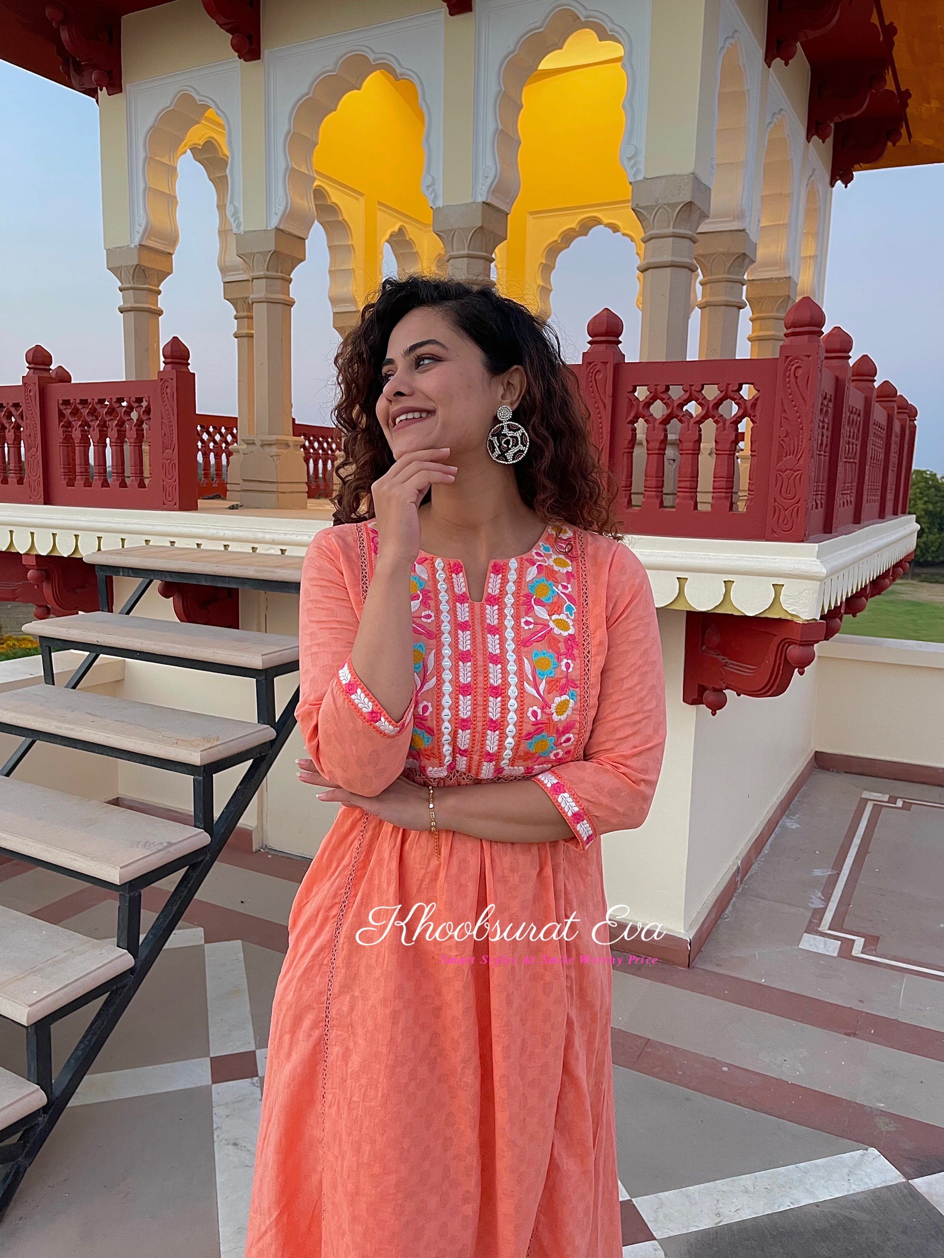 PEACH EMBROIDERED COTTON COORD SET - Women's Summer Outfit for Casual Wear, Beach & Vacation | 2-Piece Matching Set with Floral Design