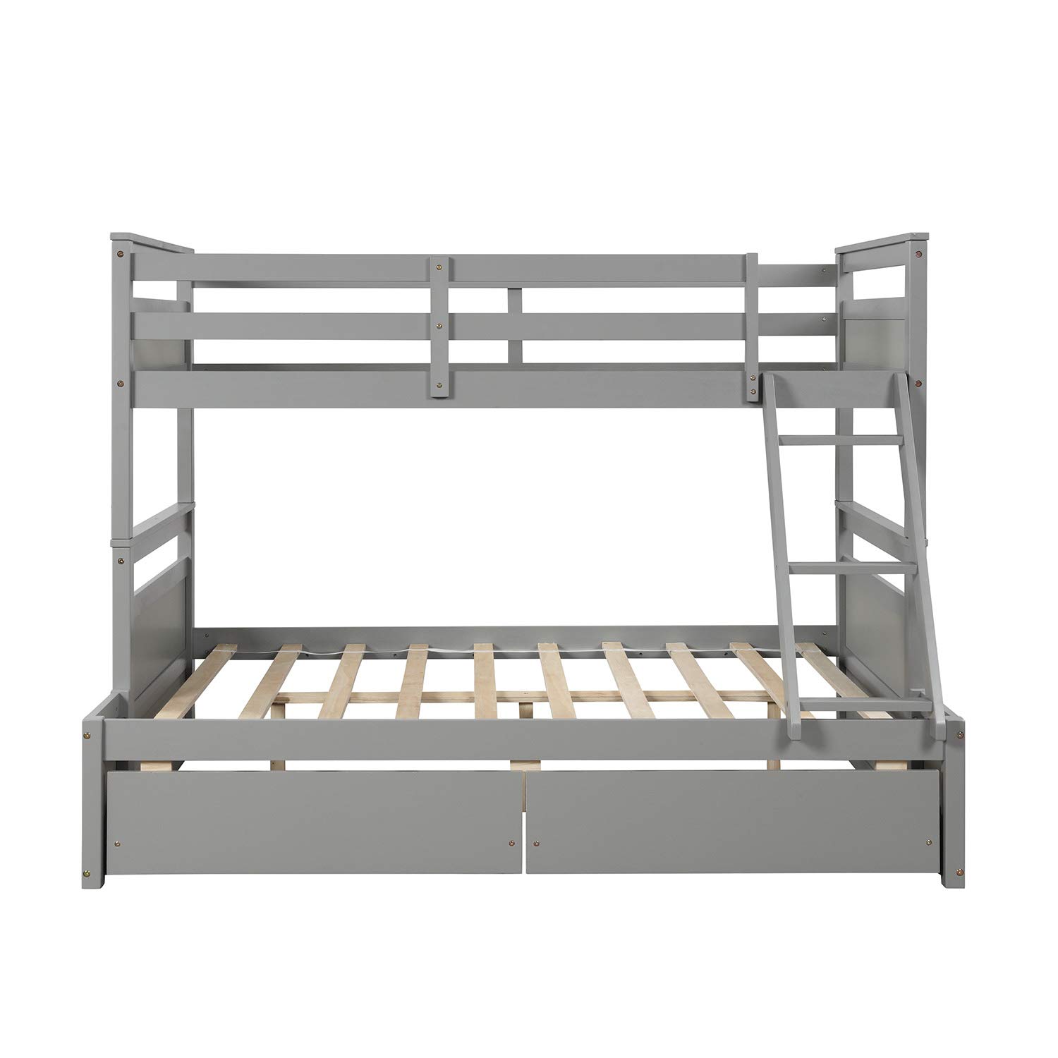 SOFTSEA Twin Over Full Bunk Bed with Storage Drawers - Sturdy Wooden Bunk Bed Frame with Safety Ladder & Guardrails for Kids & Teens - Converts to 2 Separate Beds (Grey) - Perfect for Small Bedrooms, Guest Rooms & Kids' Shared Spaces - No Box Spring Required