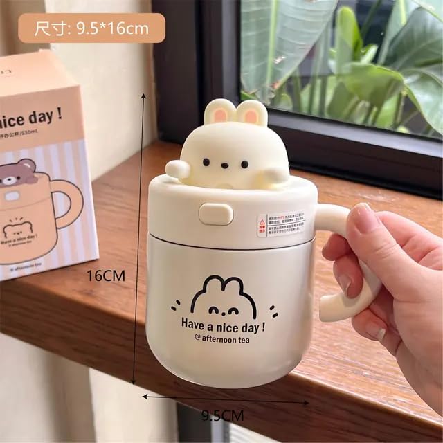 Cute Bunny Bear Stainless Steel Double Walled Vacuum Insulated 530ml Leak Proof Straw Tumbler with Lid - Perfect for Kids, Travel, Office & Outdoor Activities (White)