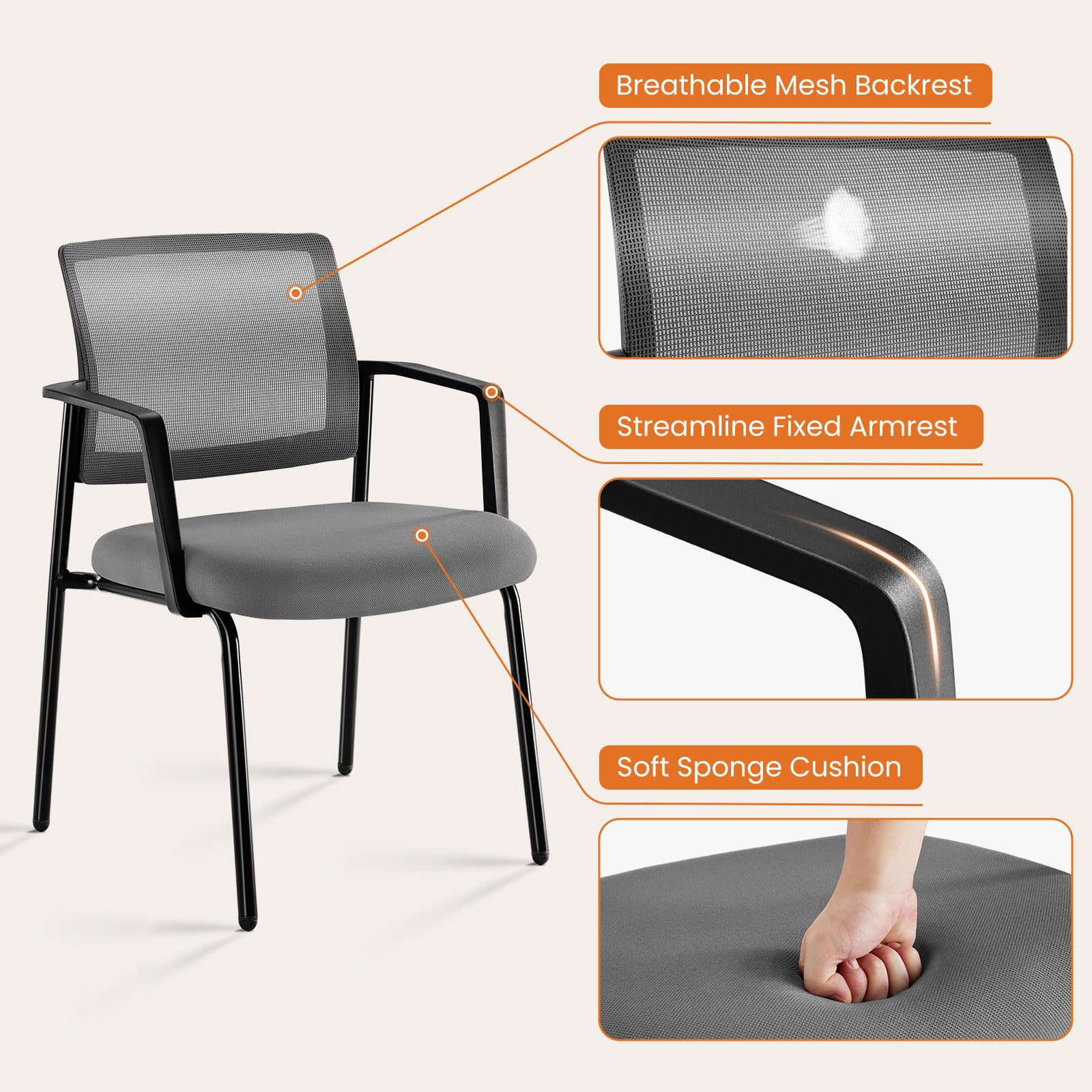 Mesh Back Stacking Arm Chairs - 4 Pack Grey Upholstered Fabric Office Guest Chairs with Ergonomic Lumbar Support & Sturdy Metal Frame | Perfect for Conference Rooms, Reception Areas, and Waiting Lounges
