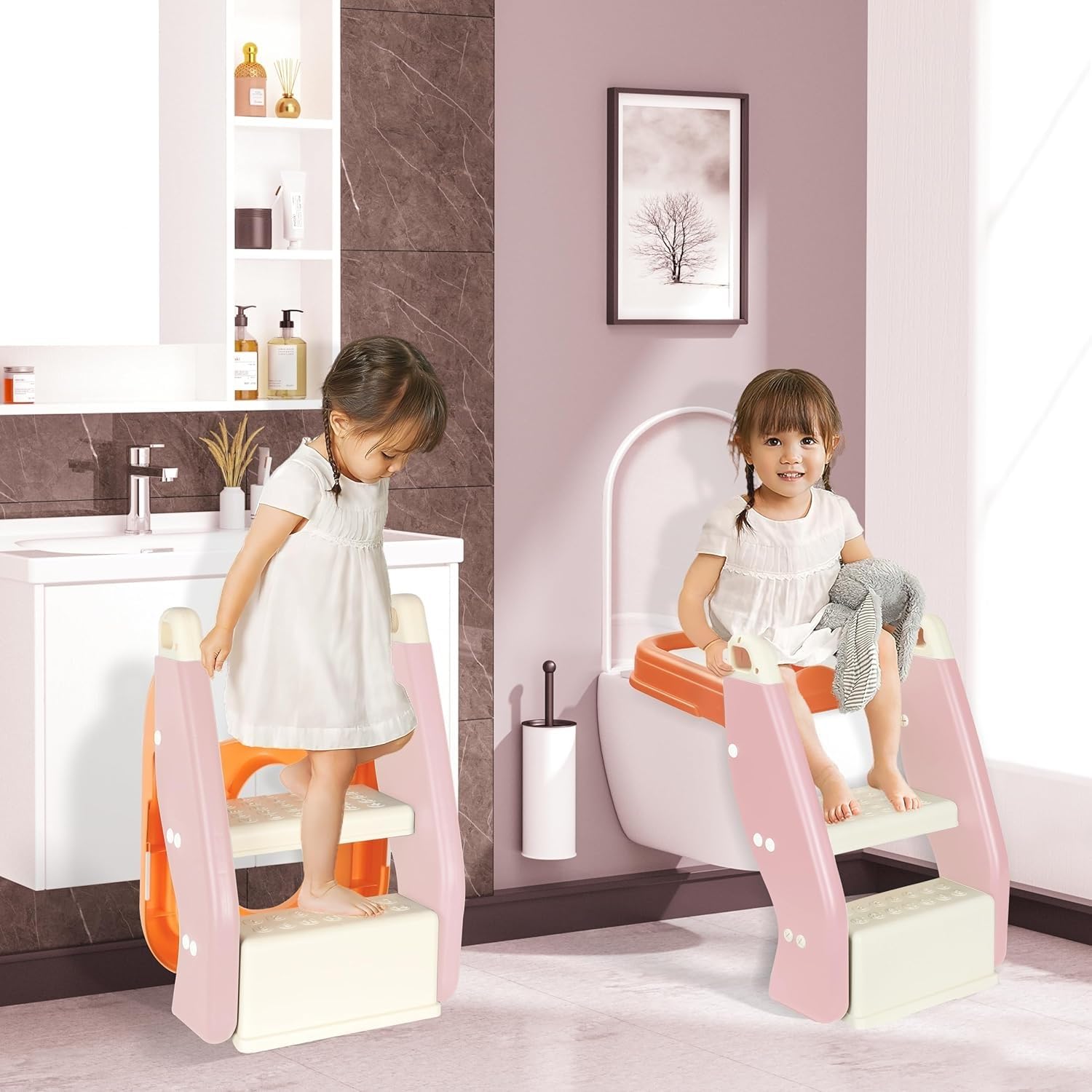 Foldable Potty Training Seat with Adjustable Height & Non-Slip Step Stool - Portable Toilet Trainer for Toddlers Ages 1-10 - Perfect for Home, Travel & Daycare Use