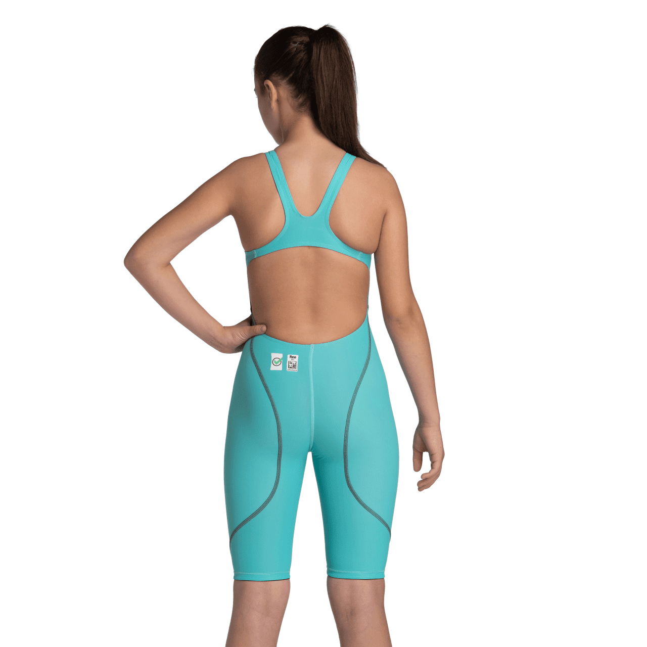 Arena Powerskin ST NEXT Junior Girls Open Back Kneeskin Swimsuit - Aquamarine Color | Competitive Swimwear for Training & Racing | Perfect for Swim Meets & Pool Practice