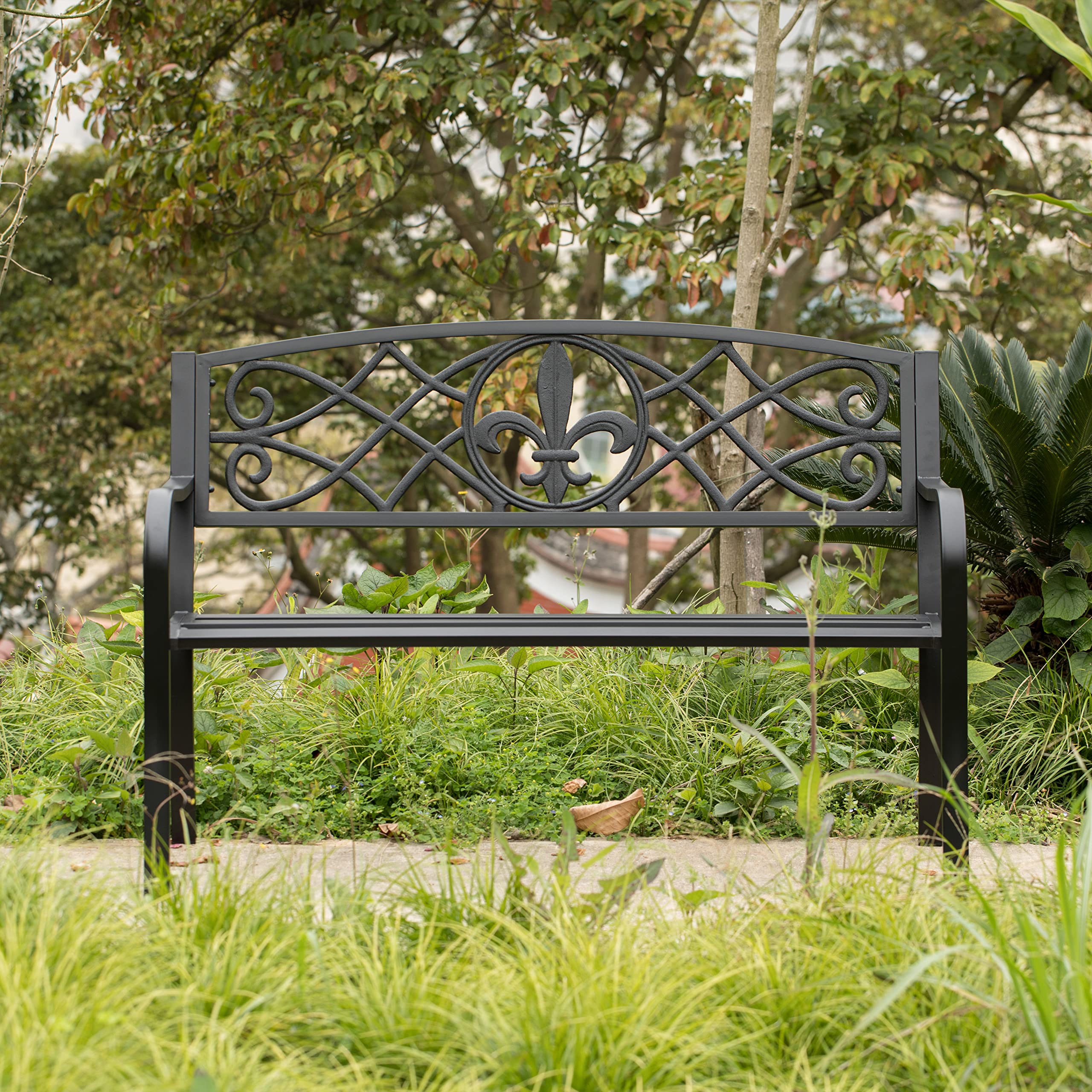Outdoor Steel Park Bench with Cast Iron Back - Heavy Duty Garden Patio Bench for Yard, Balcony, Deck | Durable Black Seating Bench for Outdoor Relaxation, Park Decor & Backyard Lounging