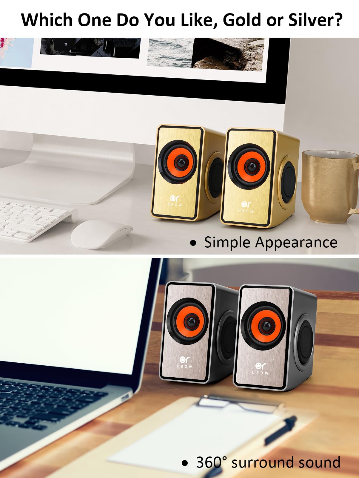 OROW USB Powered Computer Speakers with Volume Control - Silver | Compact Desktop & Laptop PC Speakers for Home Office & Gaming