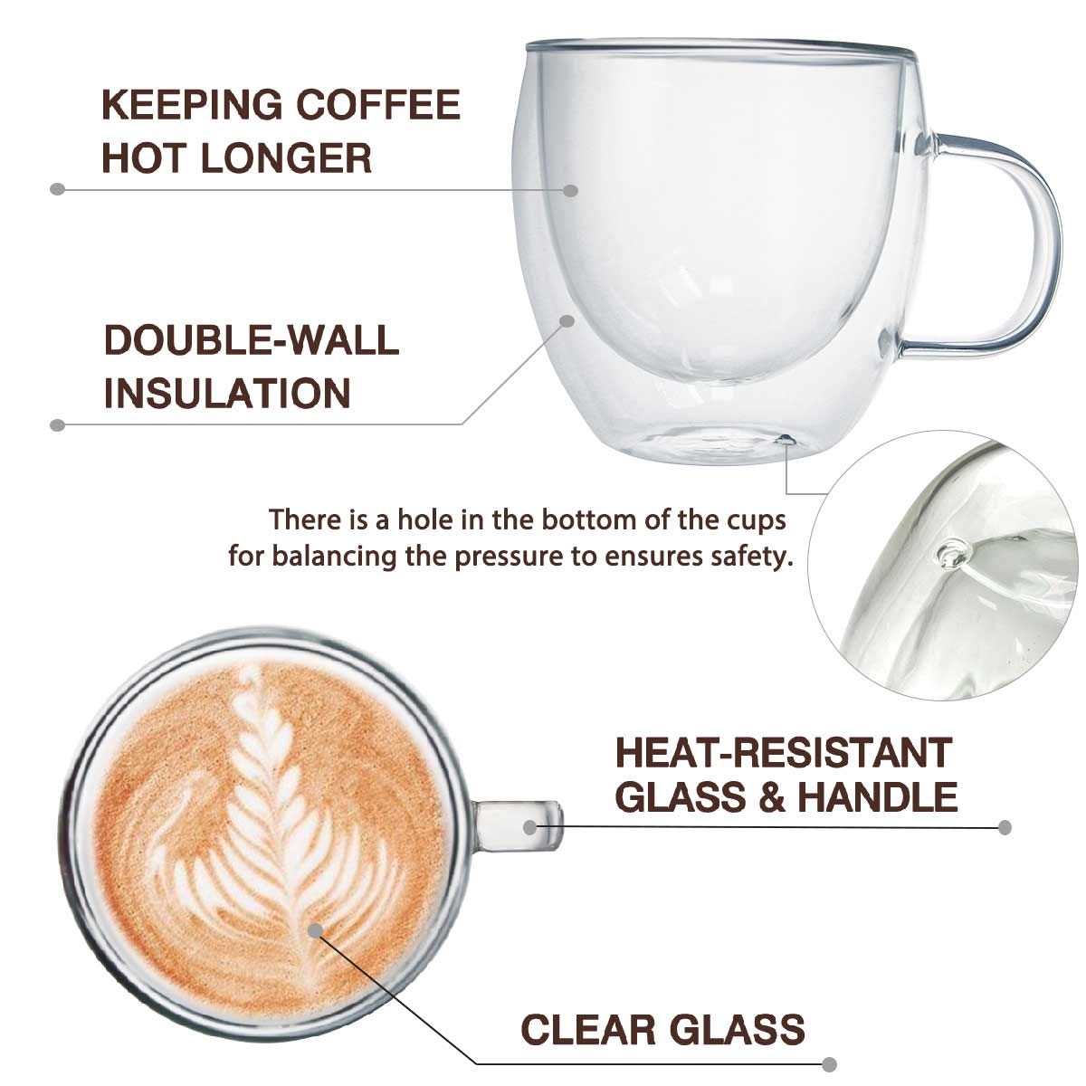 Kitchenexus 6oz Double Wall Insulated Glass Espresso Cups Set of 2 - Thermal Coffee Mugs with Handle for Cappuccino, Latte & Espresso - Perfect Gift for Coffee Lovers | Ideal for Home, Office & Cafe Use