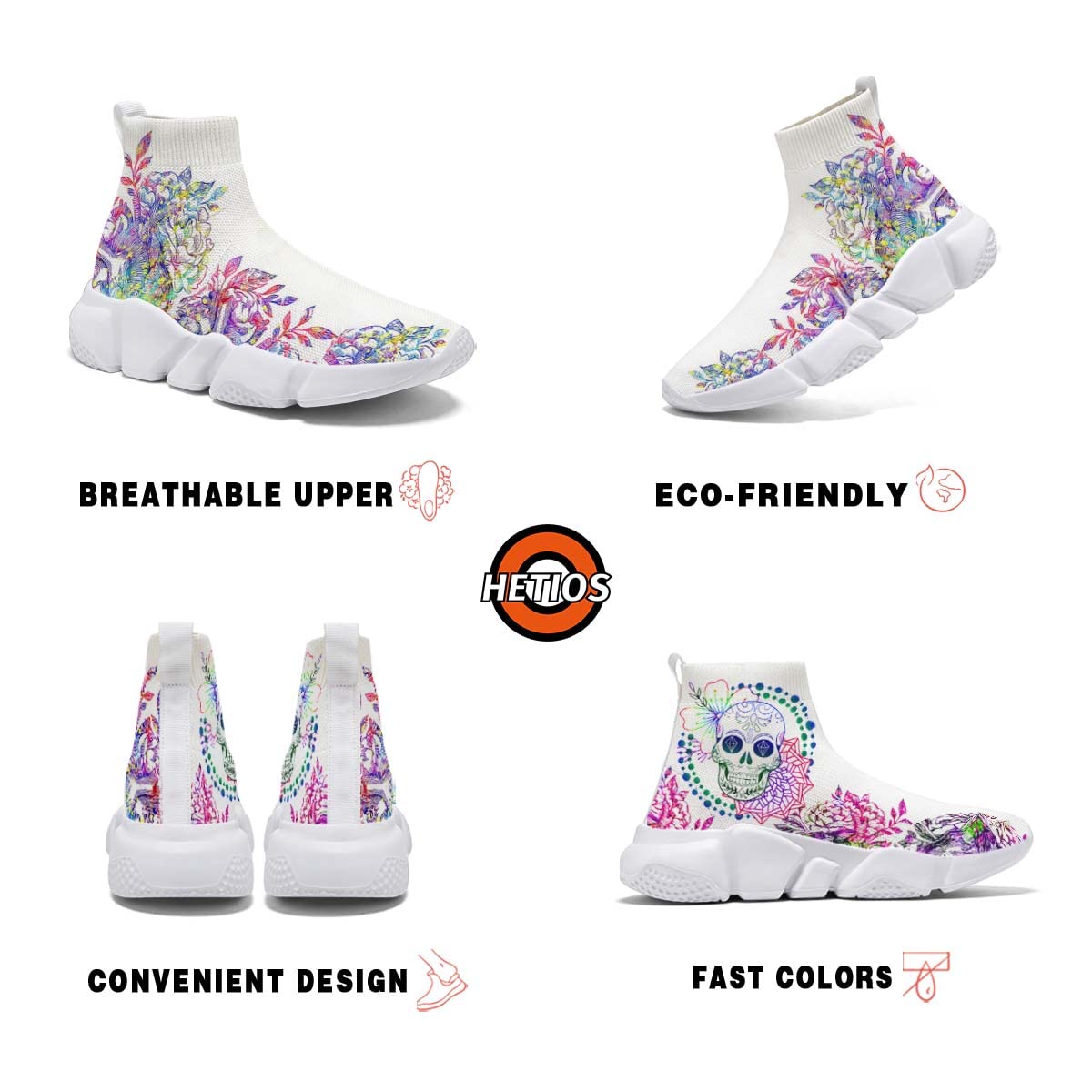 Hetios Women's Fashion Tennis Sneakers - White Graffiti Painted Casual Walking Shoes with Socks | Comfortable Athletic Shoes for Gym, Running, Workout & Daily Wear