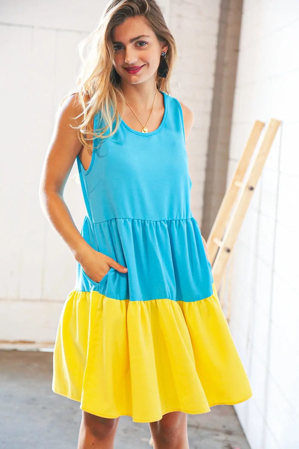 Blue Flare Color Block Tiered Woven Dress for Women - Summer Boho Maxi Dress with Pockets, Beach Wedding Guest Outfit, Vacation & Party Wear