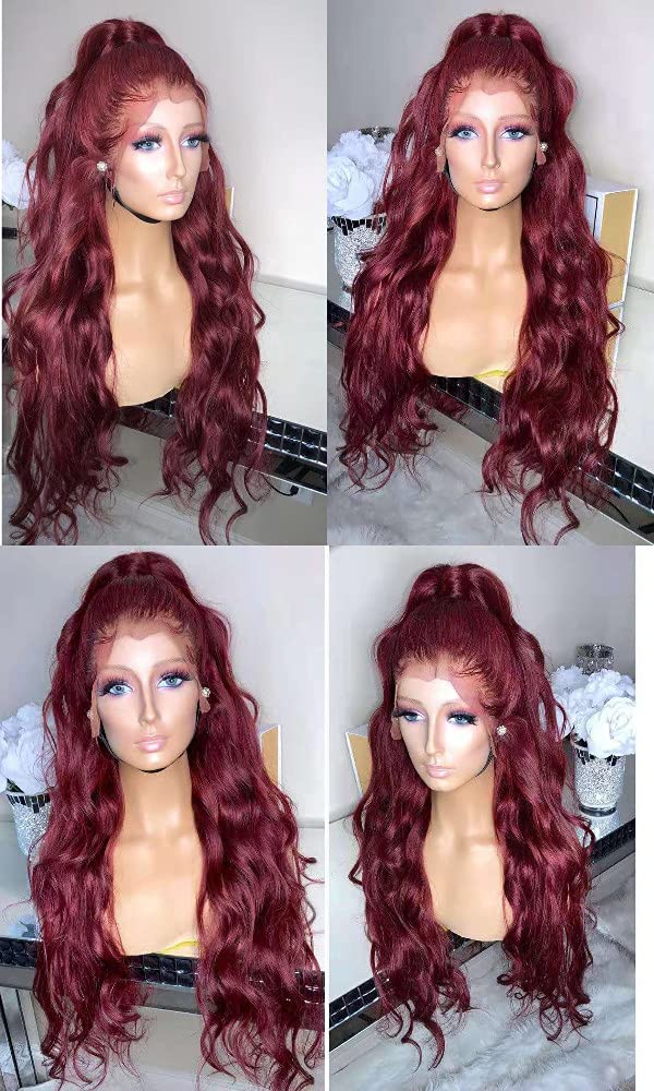 13×6 Lace Front Human Hair Wig - 16inch Brazilian Remy Body Wave Wavy Burgundy Lace Wig for Black Women | Pre-Plucked Bleached Knots & Glueless Design | Perfect for Daily Wear, Parties & Special Occasions