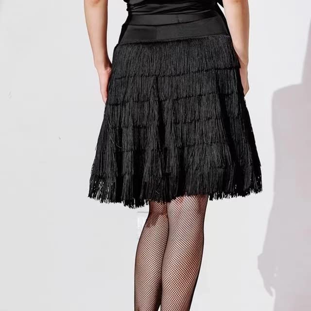 Professional Black Multilayer Fringe Latin Dance Skirt for Tango, Flamenco, Salsa, and Ballroom - Perfect for Competitions, Performances, and Social Dancing