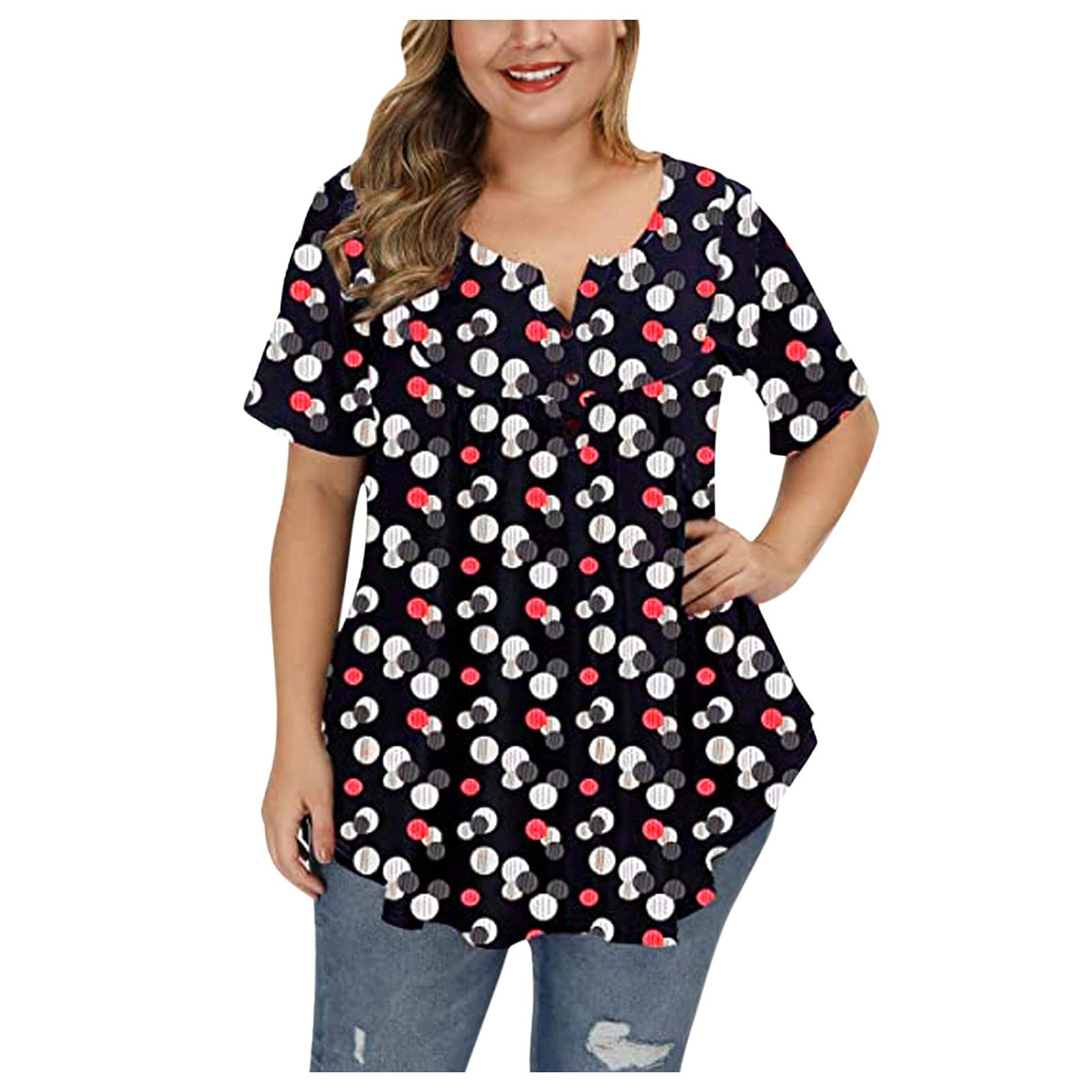 Plus Size Floral Blouses for Women - Stylish Henley V-Neck Button Up Plaid Print Tunic Tops with Ruffle & Flowy Short Sleeves | Perfect for Casual Wear, Office Outfits & Summer Fashion